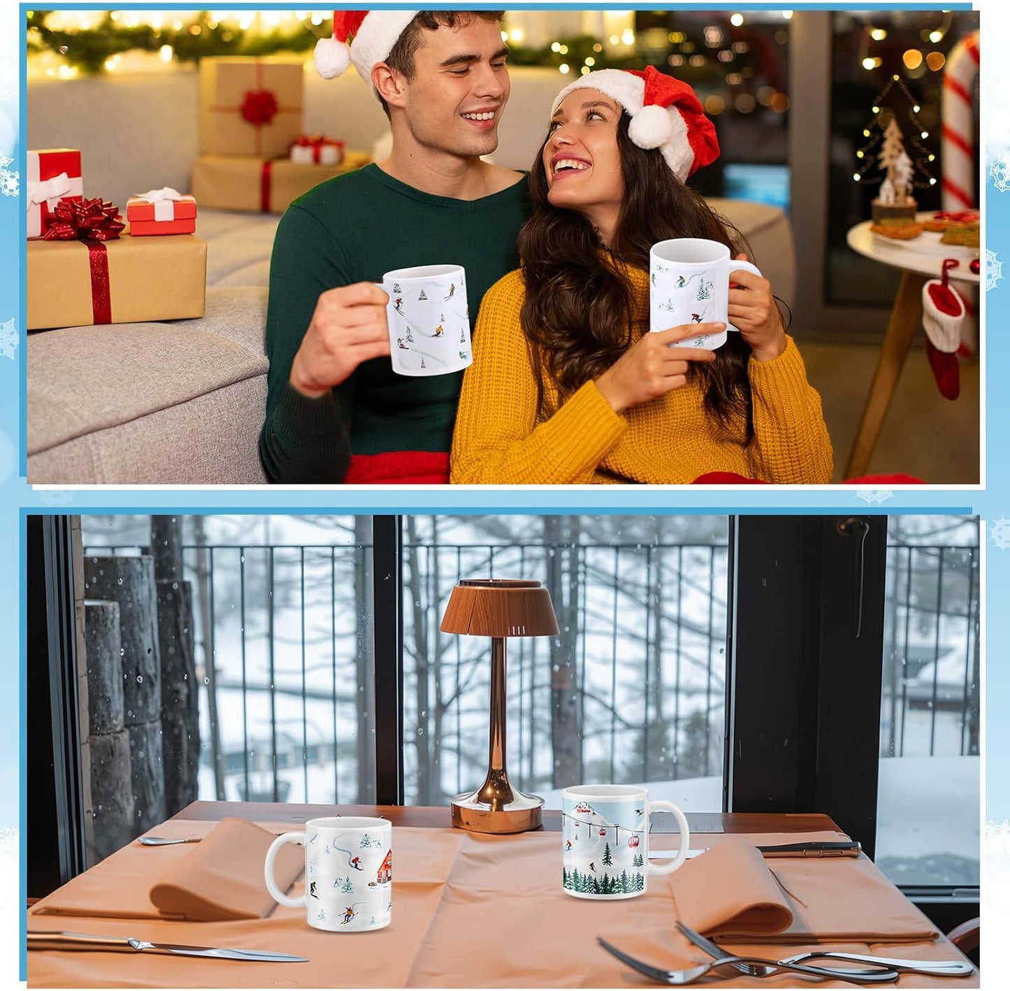 Vesici 4 Pack Ski Coffee Mugs Set 12 oz Ceramic Creative Coffee Mugs with Ski Skateboard Snow Mountain Cable Car Novelty Cup for Home Office Gifts for Skiers Family Friends and Co-workers