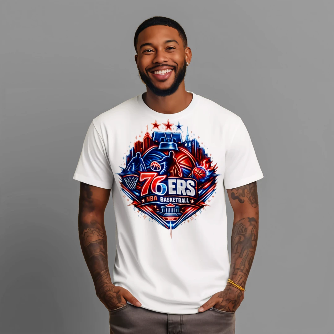 Philadelphia 76ers Neon Basketball Art | Philly Basketball Design | Liberty Bell Skyline Print