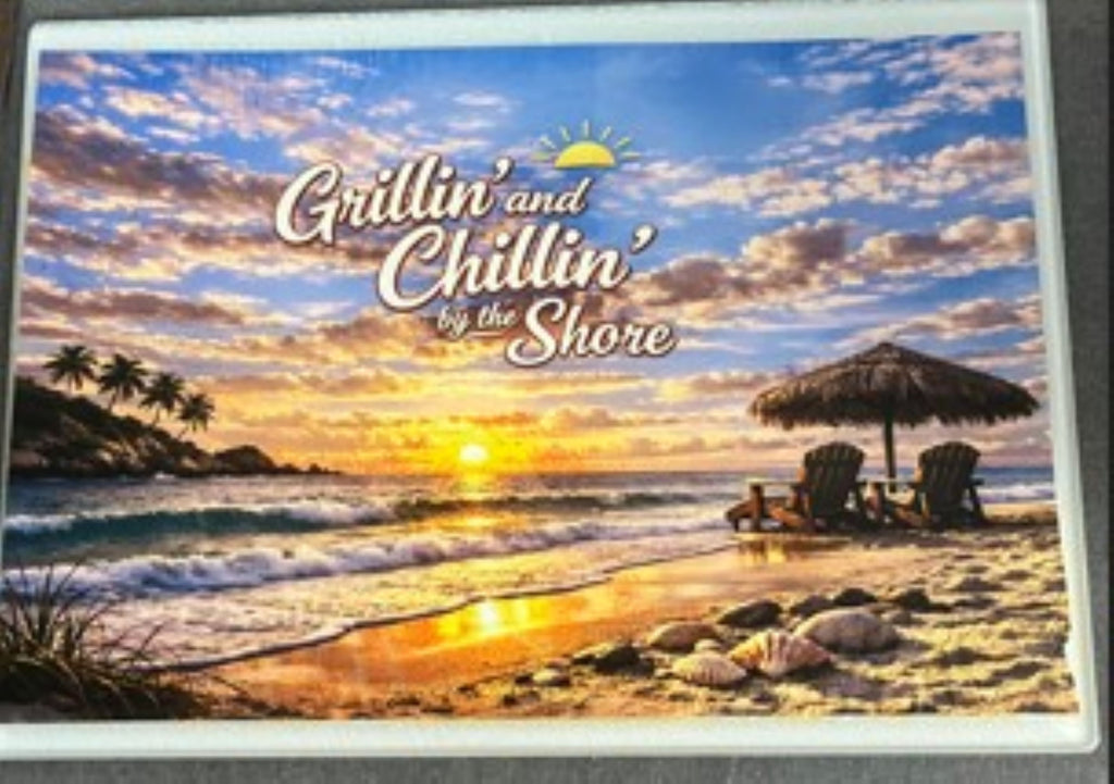 Grillin’ and Chillin’ by the Shore Cutting Board – Coastal Beach Kitchen Decor, BBQ Gift, Summer Cooking Board