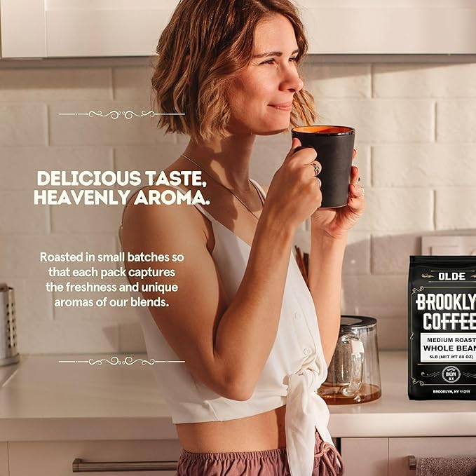 BROOKLYN COFFEE Whole Bean, Italian Dark Roast (5lb) Extra Strong, Delicious Taste, Heavenly Aroma - Fresh Bulk Coffee Beans Roasted Weekly in NYC