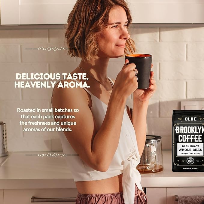 BROOKLYN COFFEE Whole Bean, Italian Dark Roast (5lb) Extra Strong, Delicious Taste, Heavenly Aroma - Fresh Bulk Coffee Beans Roasted Weekly in NYC