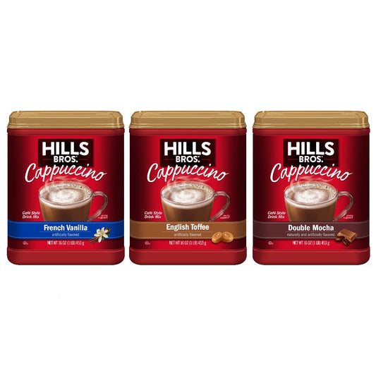 Hills Bros. Cappuccino Mix – Rich, Frothy Coffeehouse-Tasting Instant Drink Mix – Quick and Easy Preparation – Perfect for Hot & Iced Drinks & Creaming Coffee – Rich Variety Pack, 2 Packs of 16oz & 1 Pack of 14oz
