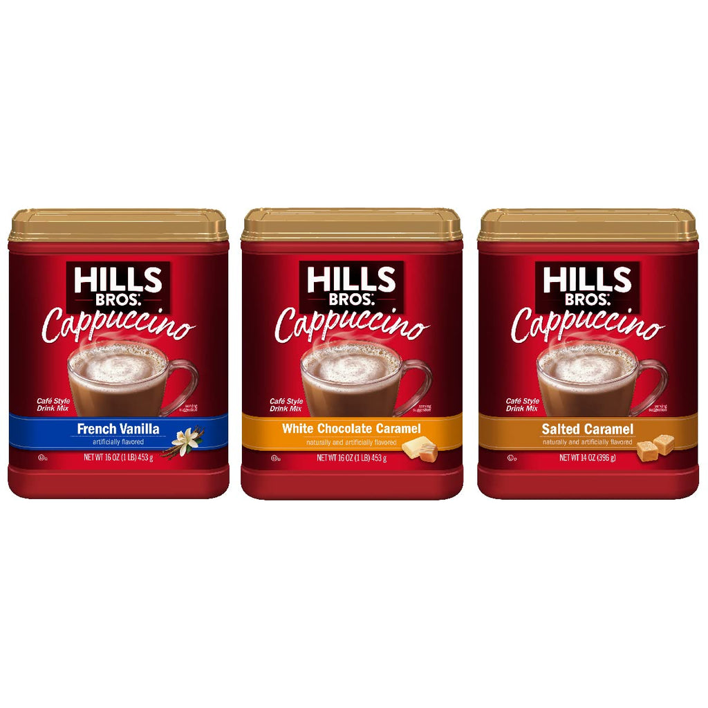 Hills Bros. Cappuccino Mix – Rich, Frothy Coffeehouse-Tasting Instant Drink Mix – Quick and Easy Preparation – Perfect for Hot & Iced Drinks & Creaming Coffee – Rich Variety Pack, 2 Packs of 16oz & 1 Pack of 14oz