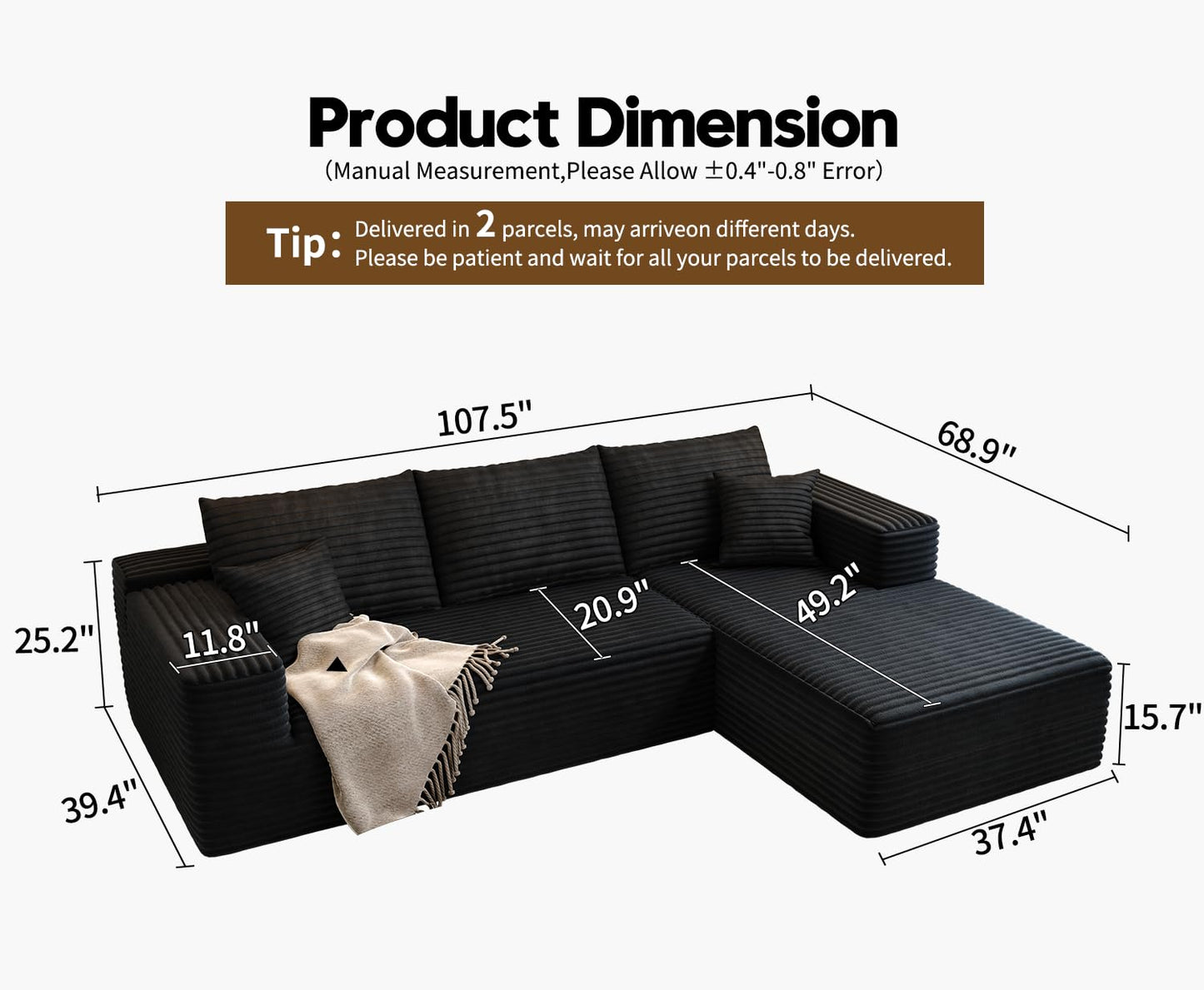 107.5" Cloud Modular Sectional Sofa Couch with L-Shape Chaise,Modern Minimalist Upholstered Couches for Living Room Bedroom,Deep Seat Corner Couch，No Assembly Required (Camel,Left Facing Chaise)