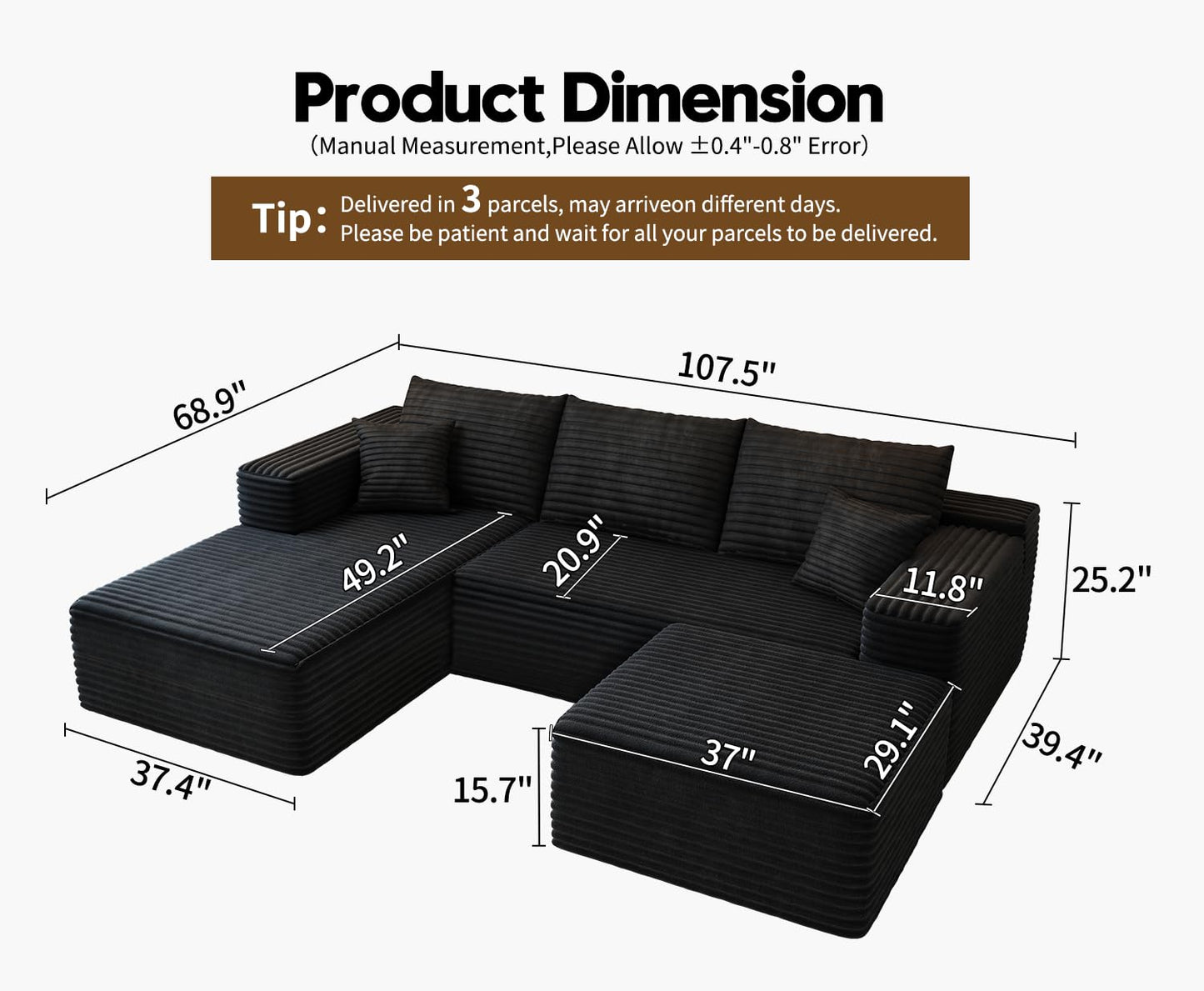 107.5" Cloud Modular Sectional Sofa Couch with L-Shape Chaise,Modern Minimalist Upholstered Couches for Living Room Bedroom,Deep Seat Corner Couch，No Assembly Required (Camel,Left Facing Chaise)