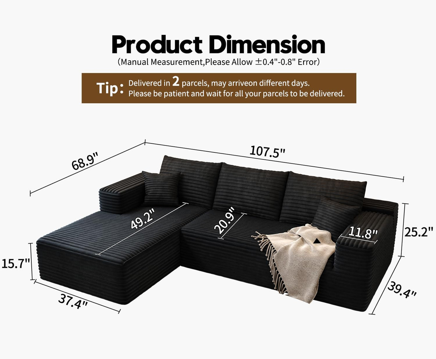 107.5" Cloud Modular Sectional Sofa Couch with L-Shape Chaise,Modern Minimalist Upholstered Couches for Living Room Bedroom,Deep Seat Corner Couch，No Assembly Required (Camel,Left Facing Chaise)