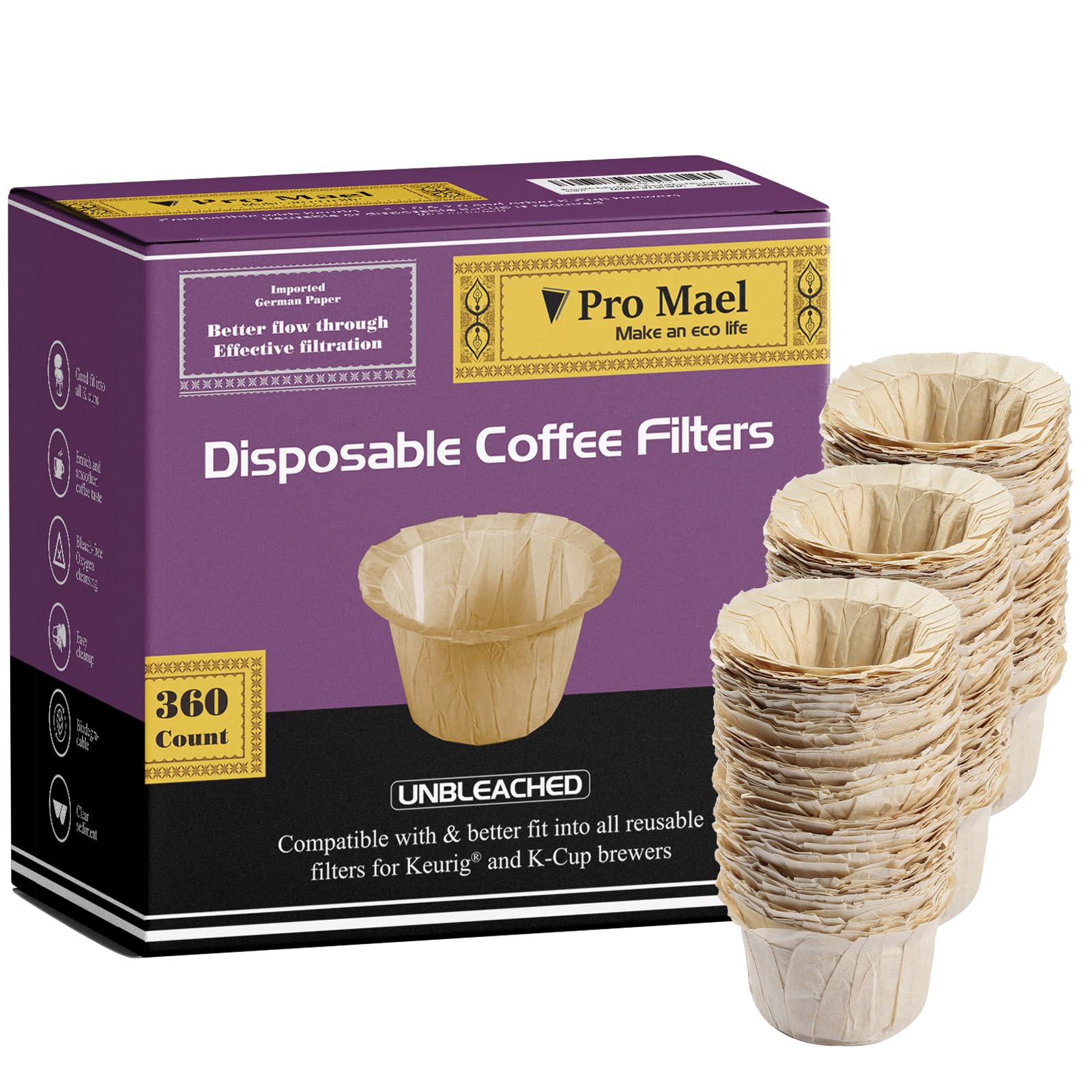 Pro Mael 360 Count Disposable K Cup Filters, Coffee Filter Paper for Keurig Brewers Single Serve 1.0 and 2.0, Use with Reusable K Cup Pods (White)