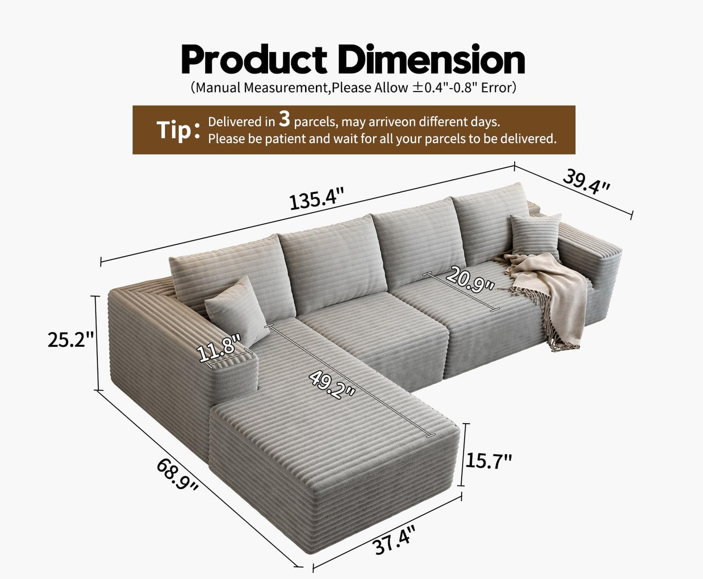 107.5" Cloud Modular Sectional Sofa Couch with L-Shape Chaise,Modern Minimalist Upholstered Couches for Living Room Bedroom,Deep Seat Corner Couch，No Assembly Required (Camel,Left Facing Chaise)