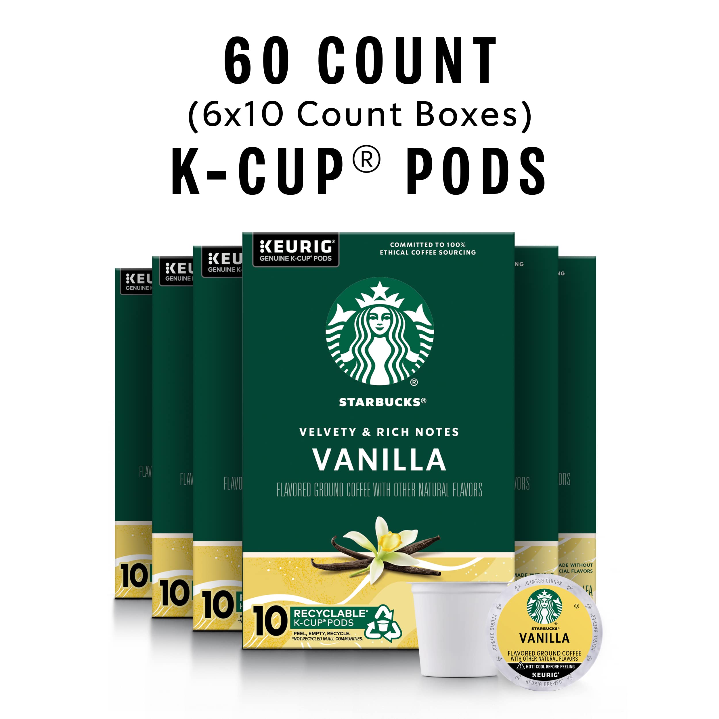 Starbucks Coffee K-Cup Pods,  Flavored Selection Coffee, Naturally Flavored, 100% Arabica, 6 Boxes (60 Pods Total)