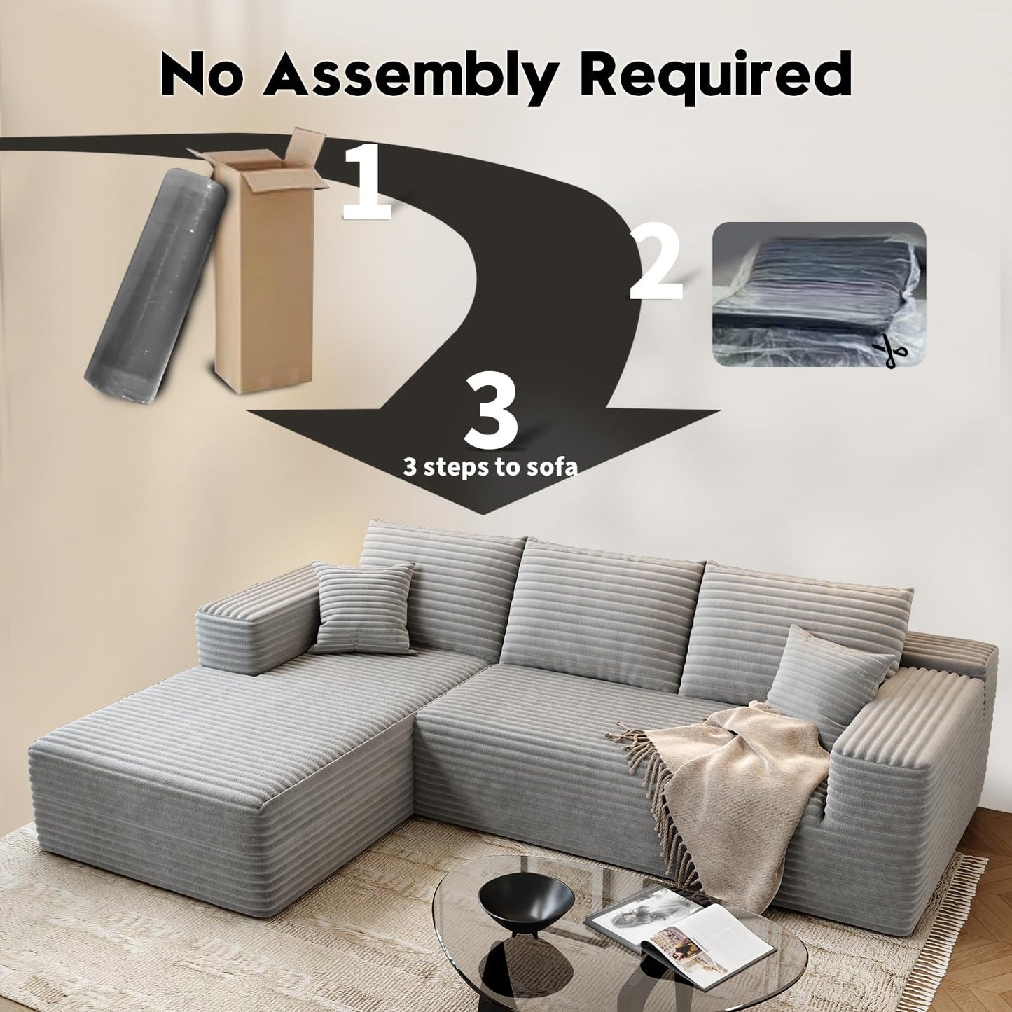 107.5" Cloud Modular Sectional Sofa Couch with L-Shape Chaise,Modern Minimalist Upholstered Couches for Living Room Bedroom,Deep Seat Corner Couch，No Assembly Required (Camel,Left Facing Chaise)