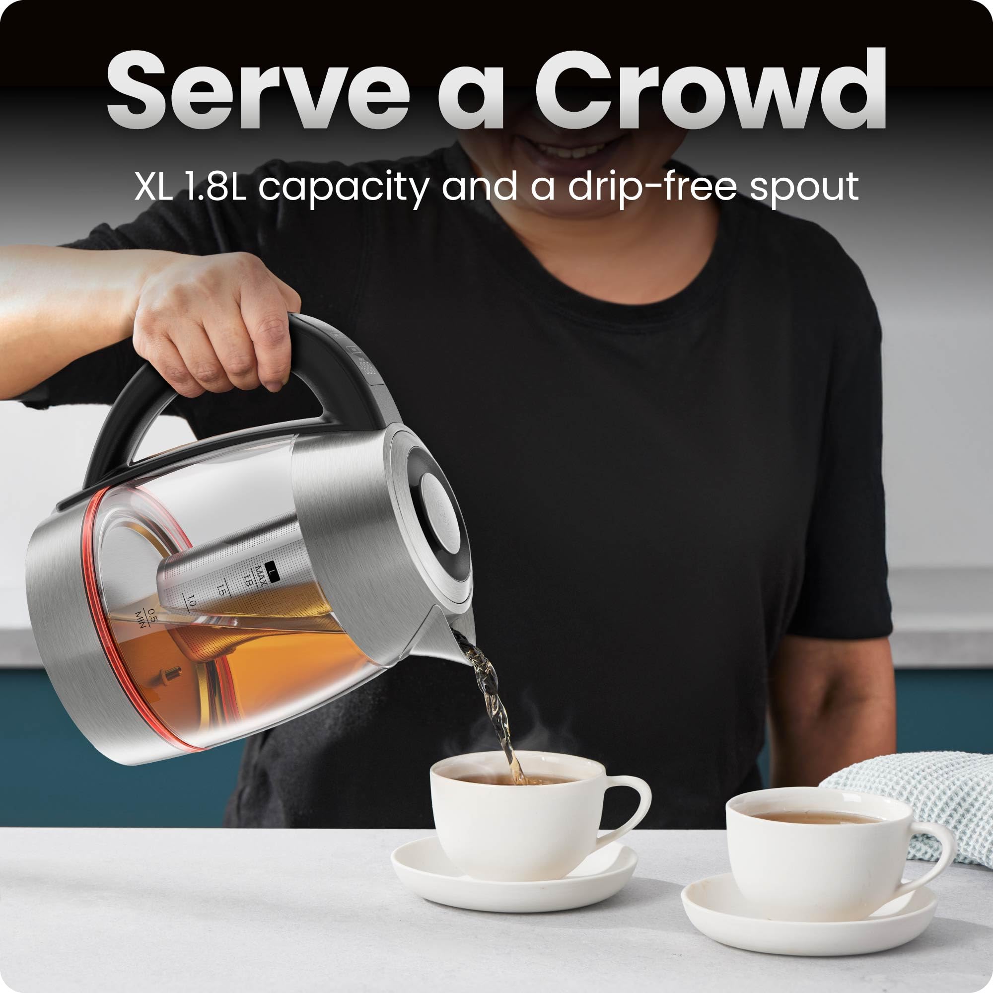 Chefman Electric Kettle, 1.8L 1500W, Hot Water Boiler, Removable Lid for Easy Cleaning, Auto Shut Off, Boil-Dry Protection, Stainless Steel Filter, BPA Free, Borosilicate Glass Electric Tea Kettle