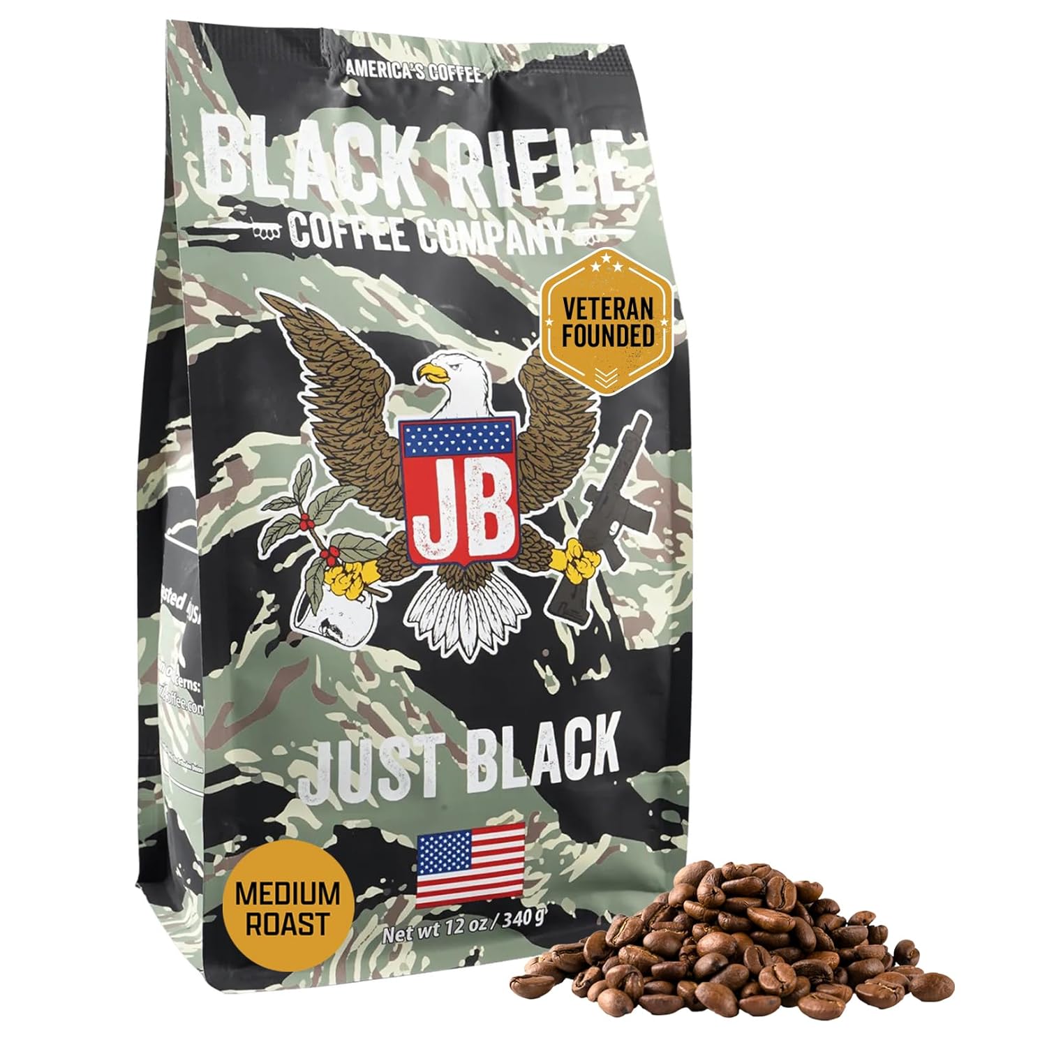 Black Rifle Coffee Company Just Black, 12oz Bag, Whole Bean Medium Roast - Roasted Blend Made from Arabica Beans - Colombian & Brazilian Beans - Veteran Founded & American Made