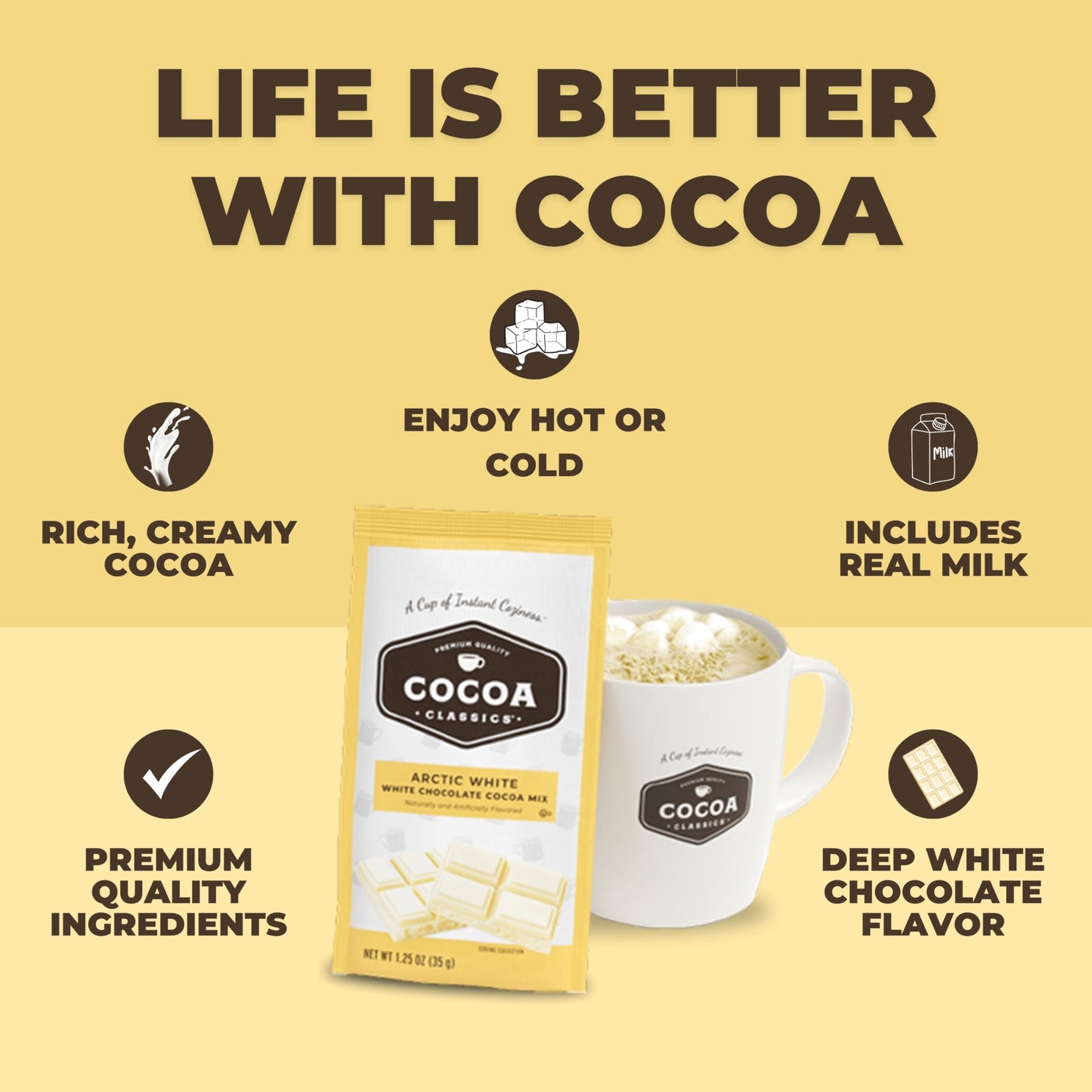 Cocoa Classics Arctic White Cocoa Mix, Hot Chocolate, Made with Nonfat Milk, Just Add Hot Water, Make Hot or Iced Cocoa, Gluten Free, 1.25oz Packets (Pack of 36)