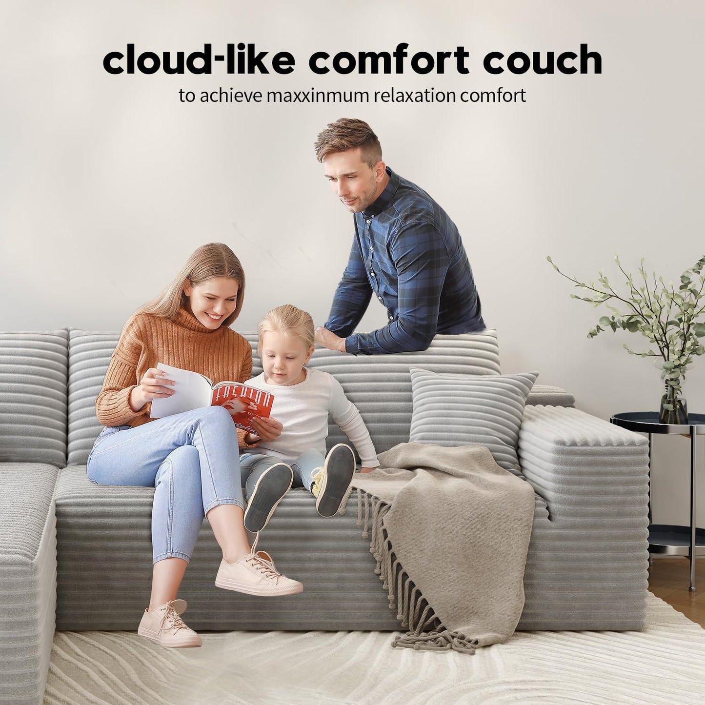 107.5" Cloud Modular Sectional Sofa Couch with L-Shape Chaise,Modern Minimalist Upholstered Couches for Living Room Bedroom,Deep Seat Corner Couch，No Assembly Required (Camel,Left Facing Chaise)