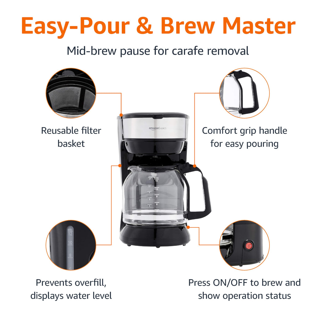 Amazon Basics 5 Cup Drip Coffee Maker, Coffee Machine with Glass Coffee Pot (0.8 Qt), Auto Shut-off, Auto Pause, Removable Filter Basket, Matte Black