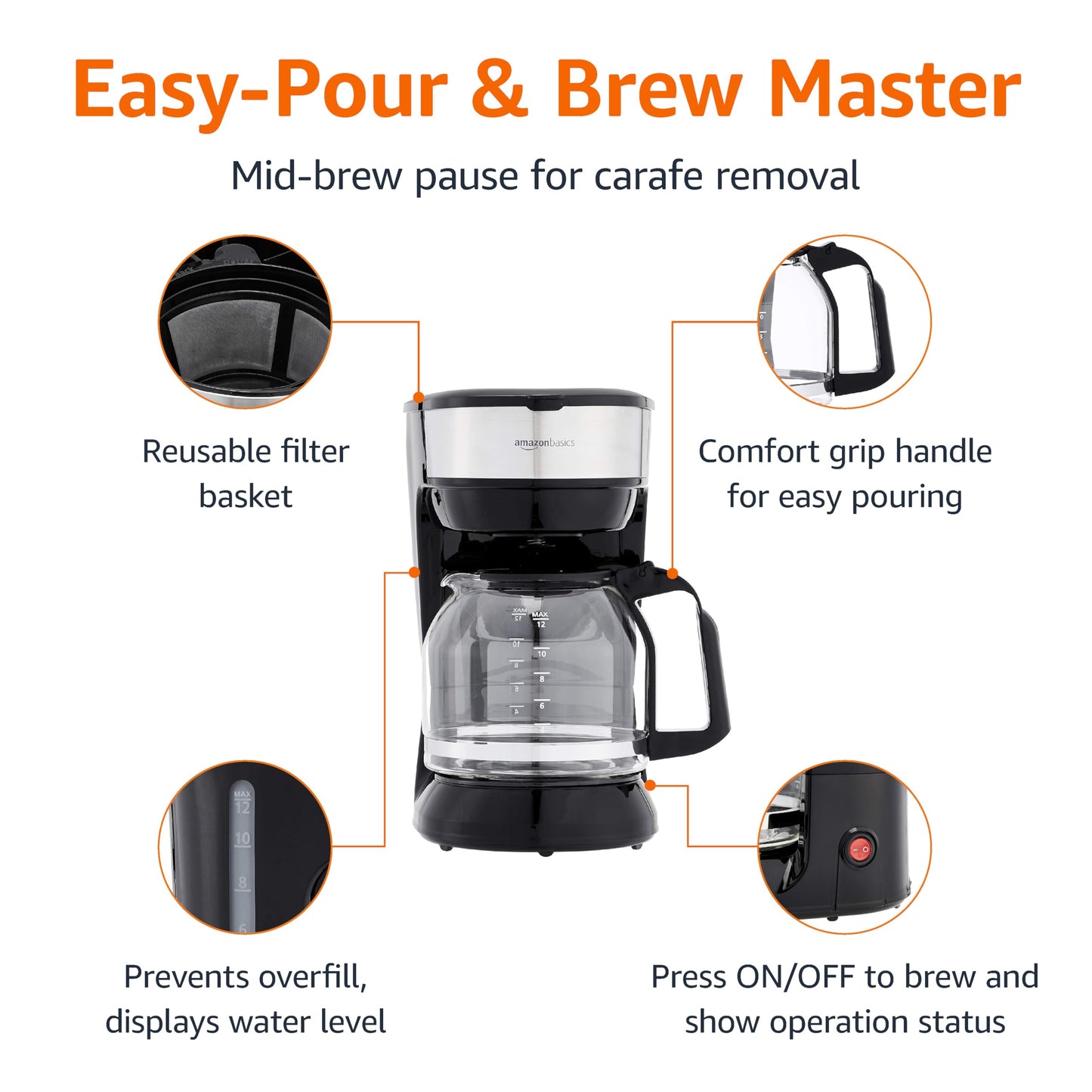 Amazon Basics 5 Cup Drip Coffee Maker, Coffee Machine with Glass Coffee Pot (0.8 Qt), Auto Shut-off, Auto Pause, Removable Filter Basket, Matte Black