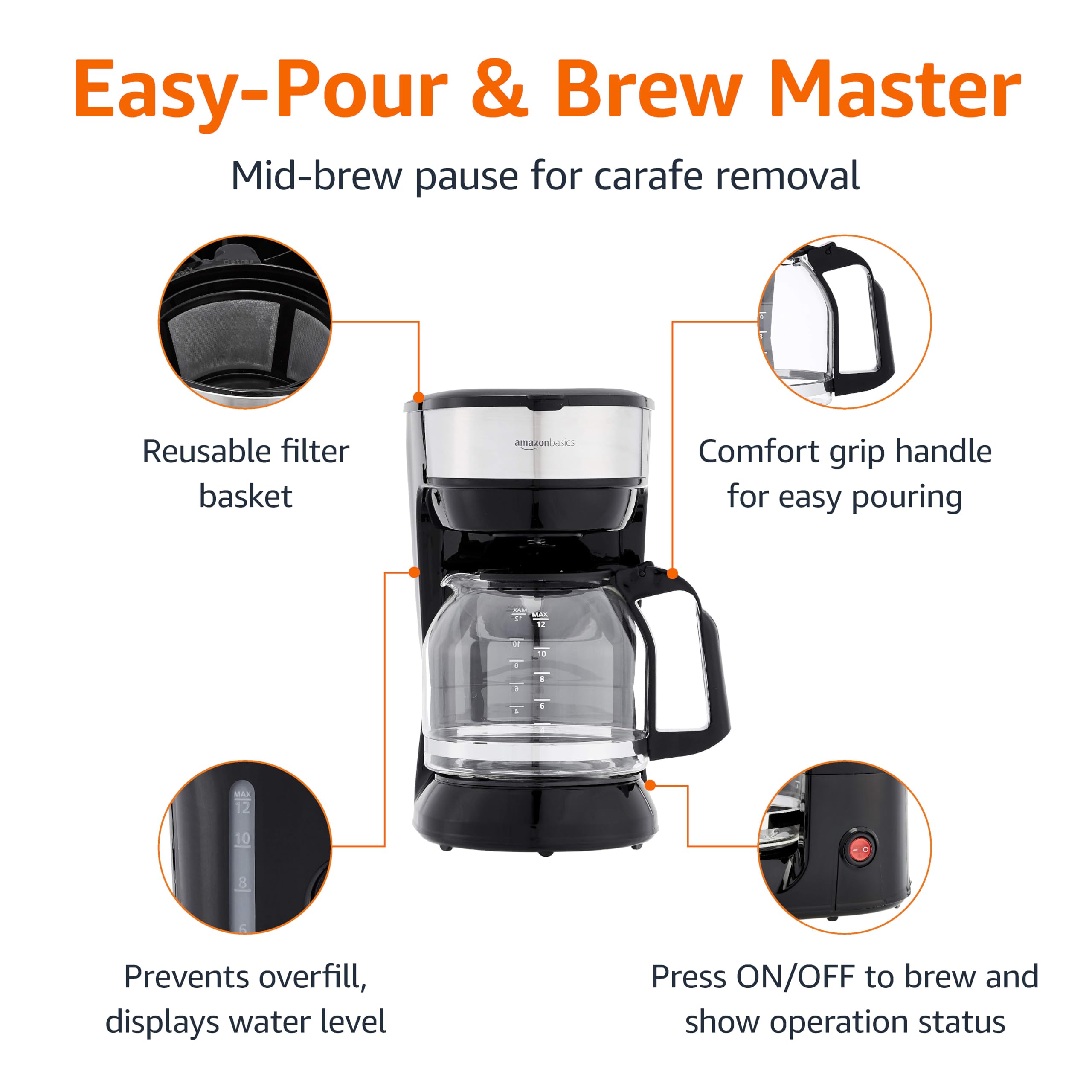 Amazon Basics 5 Cup Drip Coffee Maker, Coffee Machine with Glass Coffee Pot (0.8 Qt), Auto Shut-off, Auto Pause, Removable Filter Basket, Matte Black