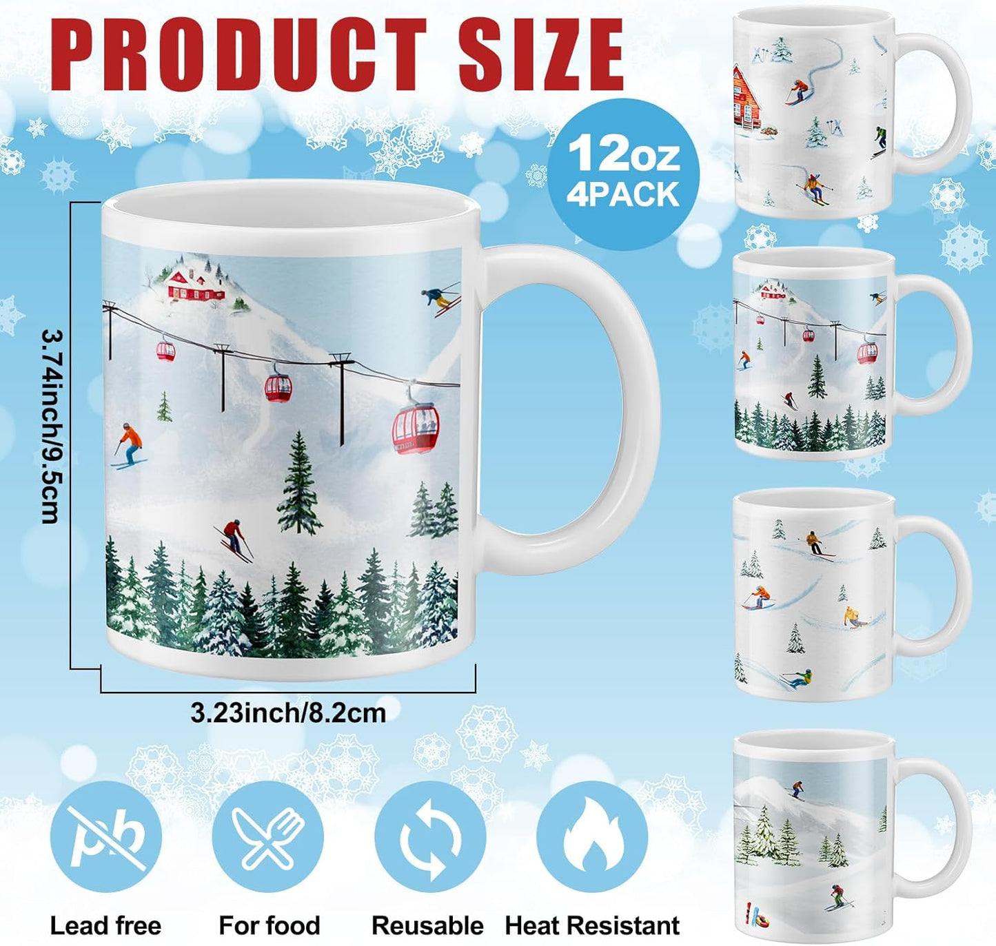 Vesici 4 Pack Ski Coffee Mugs Set 12 oz Ceramic Creative Coffee Mugs with Ski Skateboard Snow Mountain Cable Car Novelty Cup for Home Office Gifts for Skiers Family Friends and Co-workers