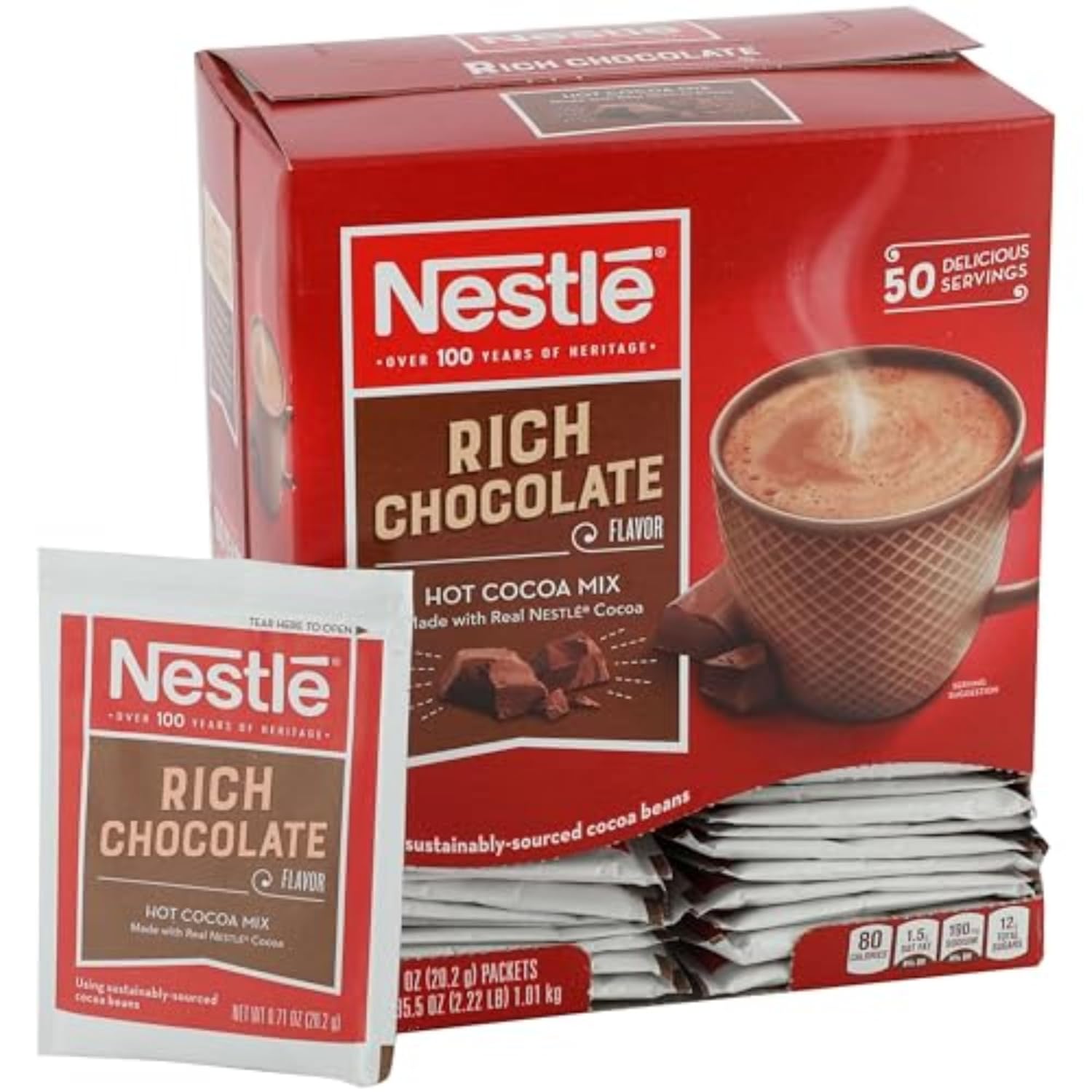 Nestle Hot Chocolate Packets, Hot Cocoa Mix, Rich Chocolate Flavor, Made with Real Cocoa, 0.71 oz, Bulk Pack (50 Count)