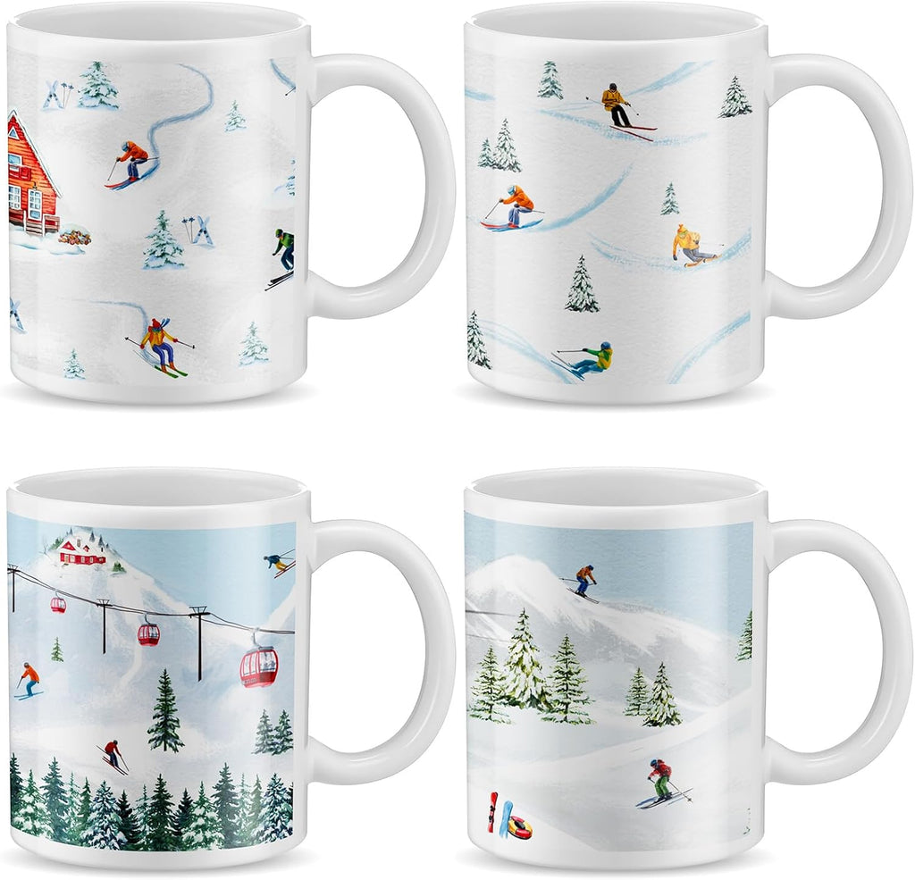 Vesici 4 Pack Ski Coffee Mugs Set 12 oz Ceramic Creative Coffee Mugs with Ski Skateboard Snow Mountain Cable Car Novelty Cup for Home Office Gifts for Skiers Family Friends and Co-workers