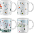 Vesici 4 Pack Ski Coffee Mugs Set 12 oz Ceramic Creative Coffee Mugs with Ski Skateboard Snow Mountain Cable Car Novelty Cup for Home Office Gifts for Skiers Family Friends and Co-workers