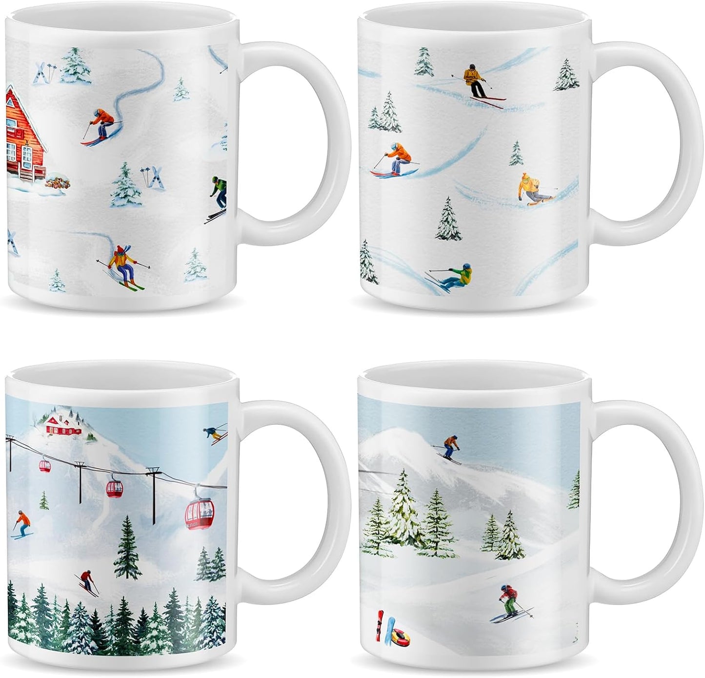 Vesici 4 Pack Ski Coffee Mugs Set 12 oz Ceramic Creative Coffee Mugs with Ski Skateboard Snow Mountain Cable Car Novelty Cup for Home Office Gifts for Skiers Family Friends and Co-workers