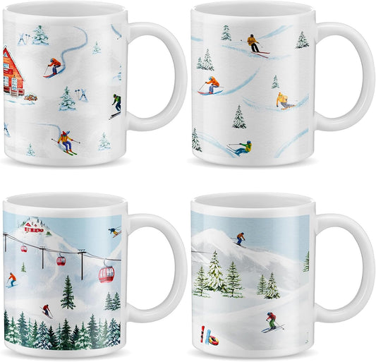 Vesici 4 Pack Ski Coffee Mugs Set 12 oz Ceramic Creative Coffee Mugs with Ski Skateboard Snow Mountain Cable Car Novelty Cup for Home Office Gifts for Skiers Family Friends and Co-workers