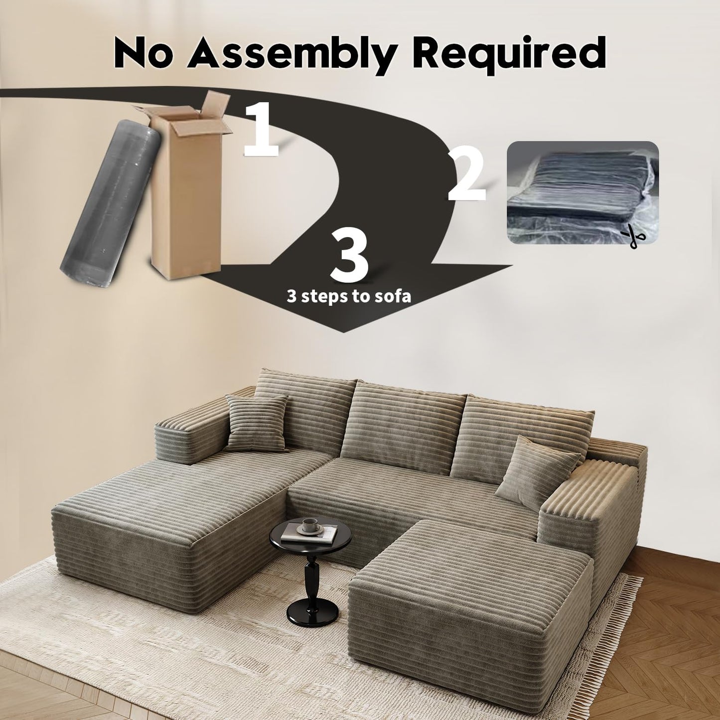 107.5" Cloud Modular Sectional Sofa Couch with L-Shape Chaise,Modern Minimalist Upholstered Couches for Living Room Bedroom,Deep Seat Corner Couch，No Assembly Required (Camel,Left Facing Chaise)