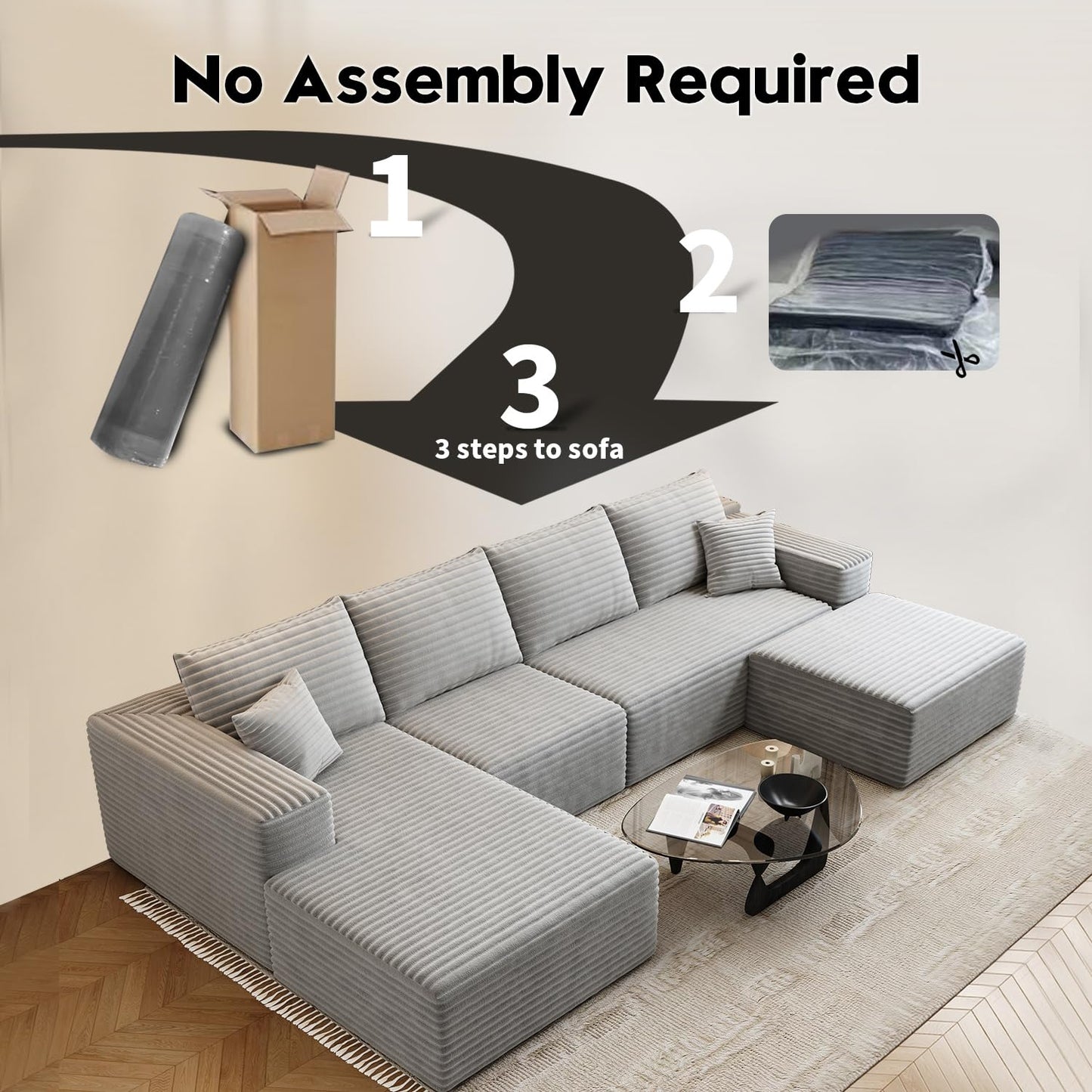 107.5" Cloud Modular Sectional Sofa Couch with L-Shape Chaise,Modern Minimalist Upholstered Couches for Living Room Bedroom,Deep Seat Corner Couch，No Assembly Required (Camel,Left Facing Chaise)