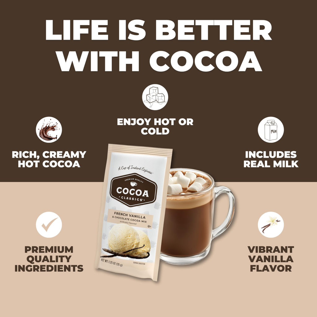 Cocoa Classics Arctic White Cocoa Mix, Hot Chocolate, Made with Nonfat Milk, Just Add Hot Water, Make Hot or Iced Cocoa, Gluten Free, 1.25oz Packets (Pack of 36)