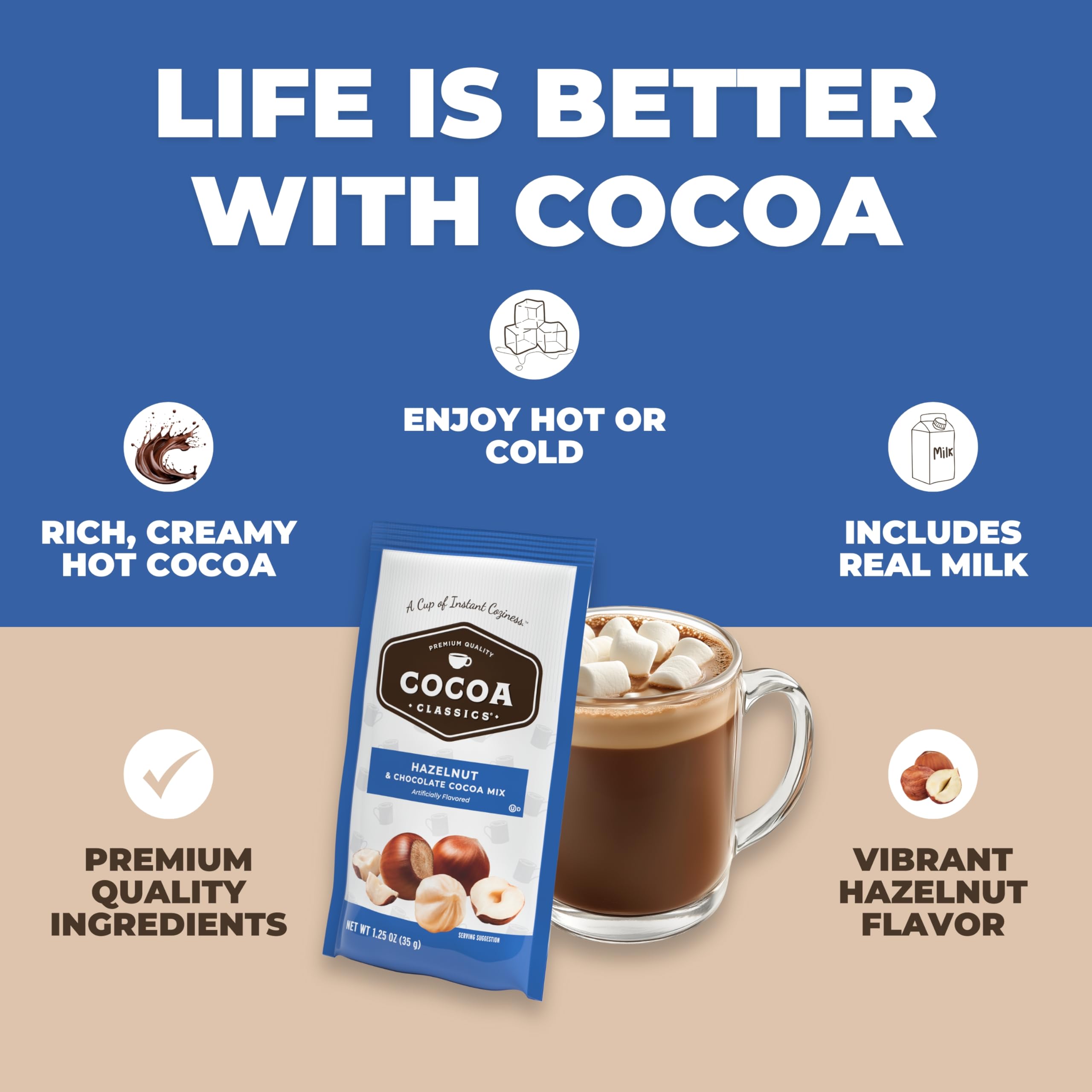 Cocoa Classics Arctic White Cocoa Mix, Hot Chocolate, Made with Nonfat Milk, Just Add Hot Water, Make Hot or Iced Cocoa, Gluten Free, 1.25oz Packets (Pack of 36)