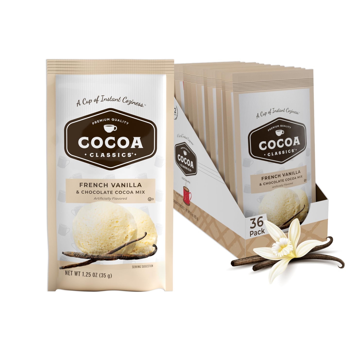 Cocoa Classics Arctic White Cocoa Mix, Hot Chocolate, Made with Nonfat Milk, Just Add Hot Water, Make Hot or Iced Cocoa, Gluten Free, 1.25oz Packets (Pack of 36)