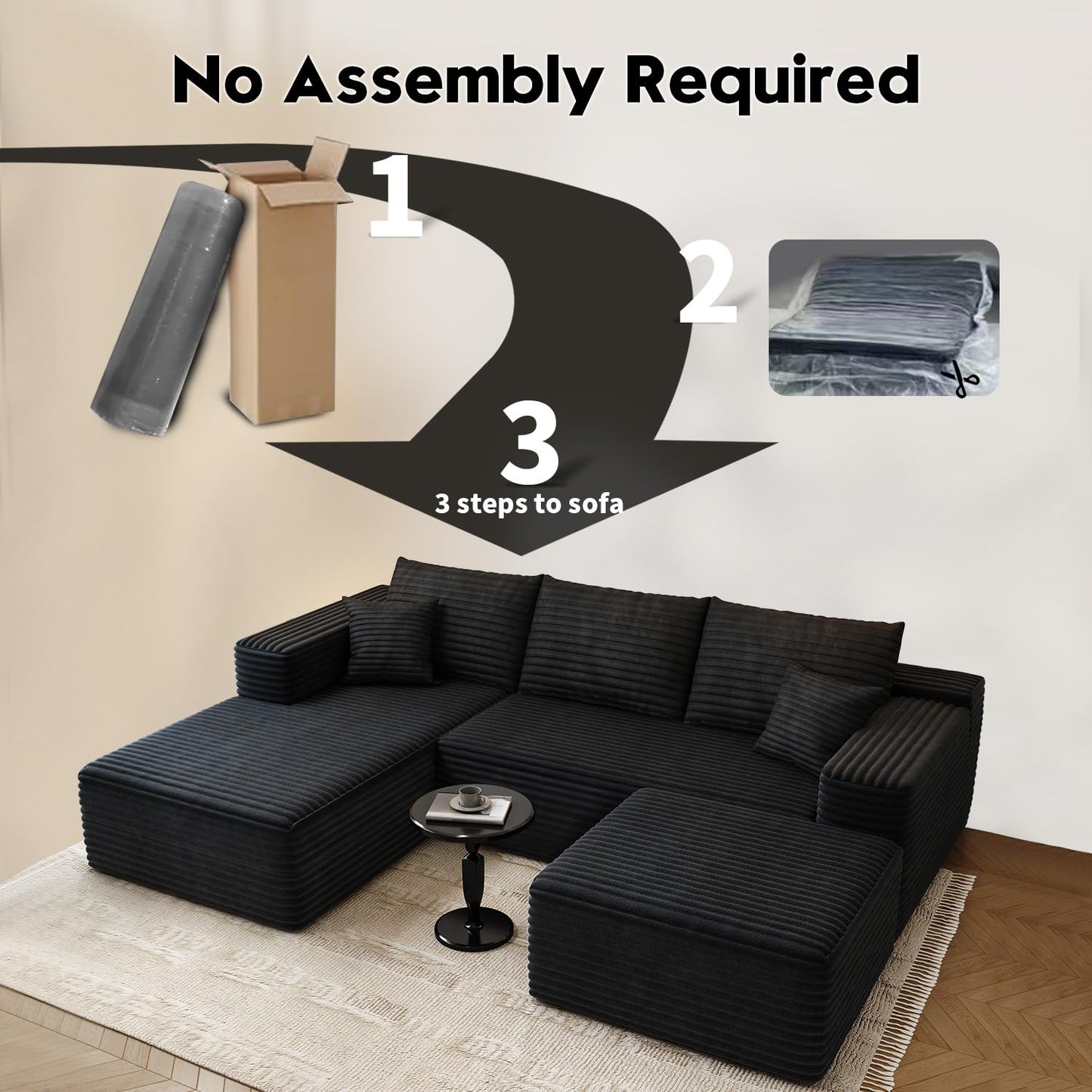 107.5" Cloud Modular Sectional Sofa Couch with L-Shape Chaise,Modern Minimalist Upholstered Couches for Living Room Bedroom,Deep Seat Corner Couch，No Assembly Required (Camel,Left Facing Chaise)