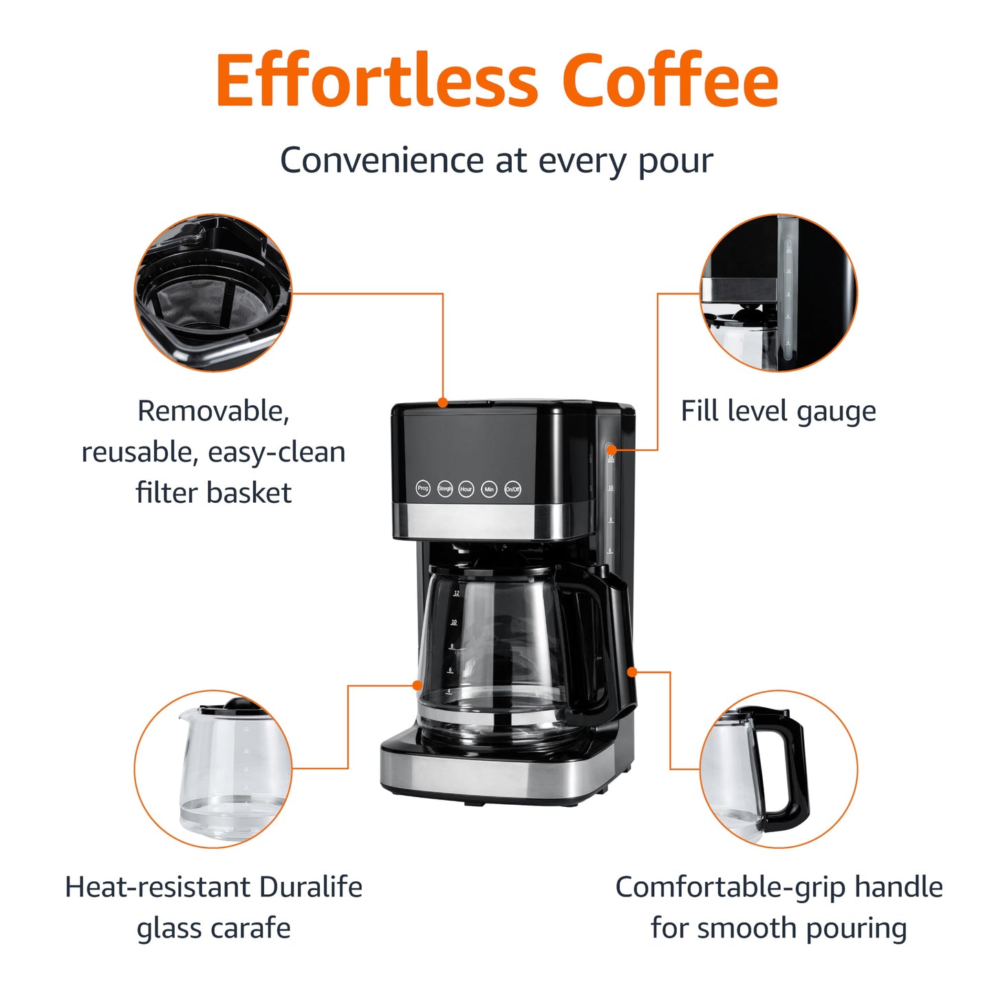 Amazon Basics 5 Cup Drip Coffee Maker, Coffee Machine with Glass Coffee Pot (0.8 Qt), Auto Shut-off, Auto Pause, Removable Filter Basket, Matte Black