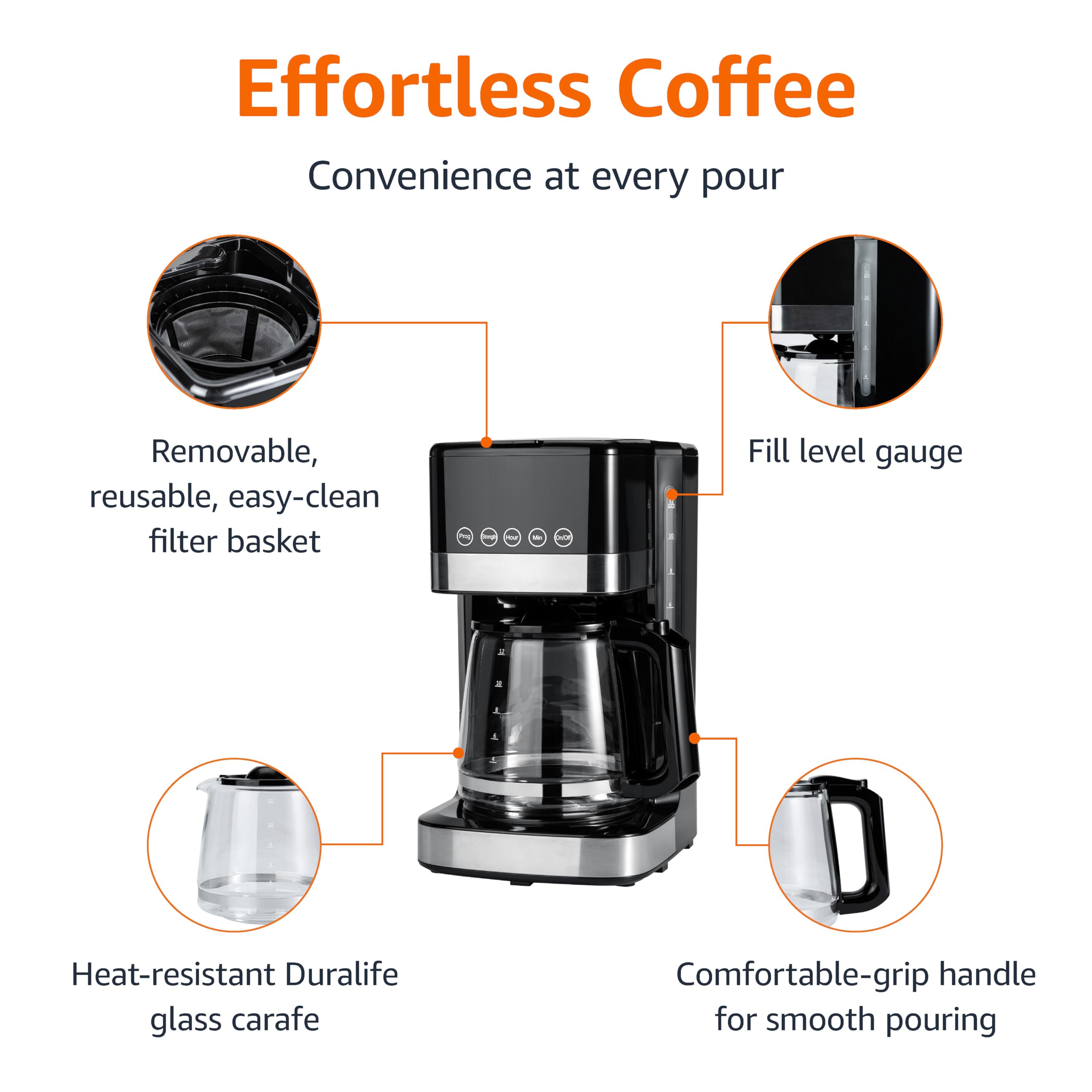 Amazon Basics 5 Cup Drip Coffee Maker, Coffee Machine with Glass Coffee Pot (0.8 Qt), Auto Shut-off, Auto Pause, Removable Filter Basket, Matte Black