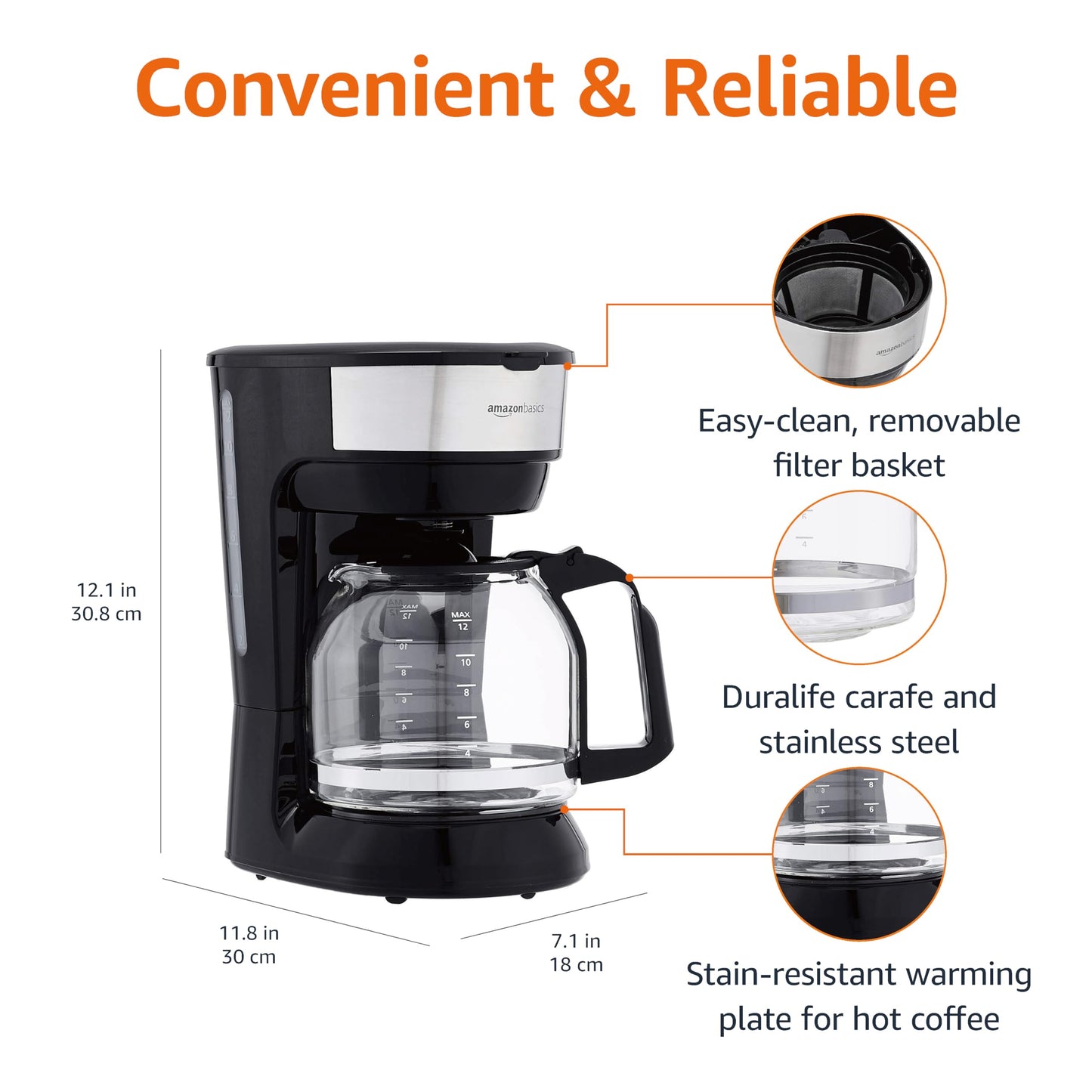 Amazon Basics 5 Cup Drip Coffee Maker, Coffee Machine with Glass Coffee Pot (0.8 Qt), Auto Shut-off, Auto Pause, Removable Filter Basket, Matte Black