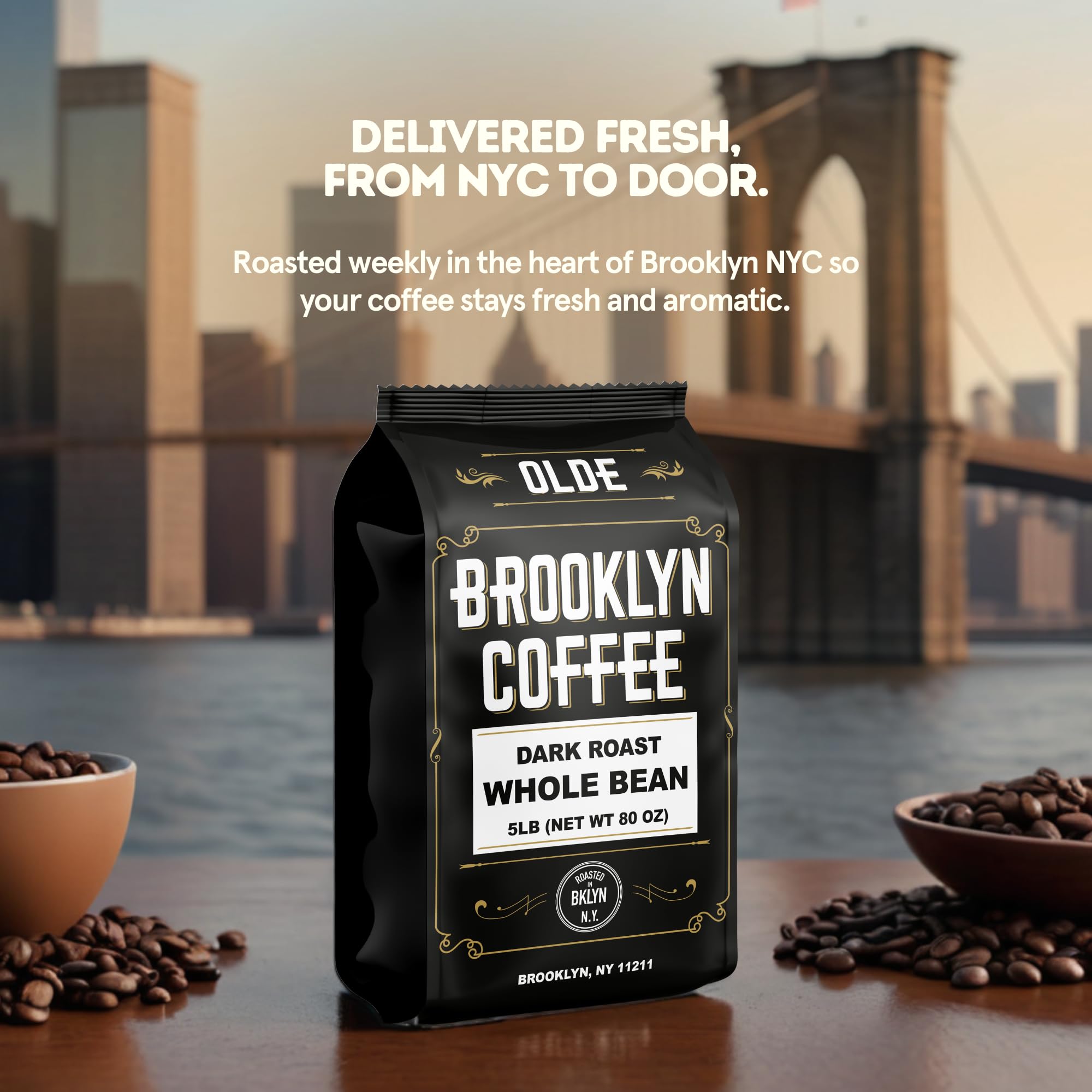 BROOKLYN COFFEE Whole Bean, Italian Dark Roast (5lb) Extra Strong, Delicious Taste, Heavenly Aroma - Fresh Bulk Coffee Beans Roasted Weekly in NYC