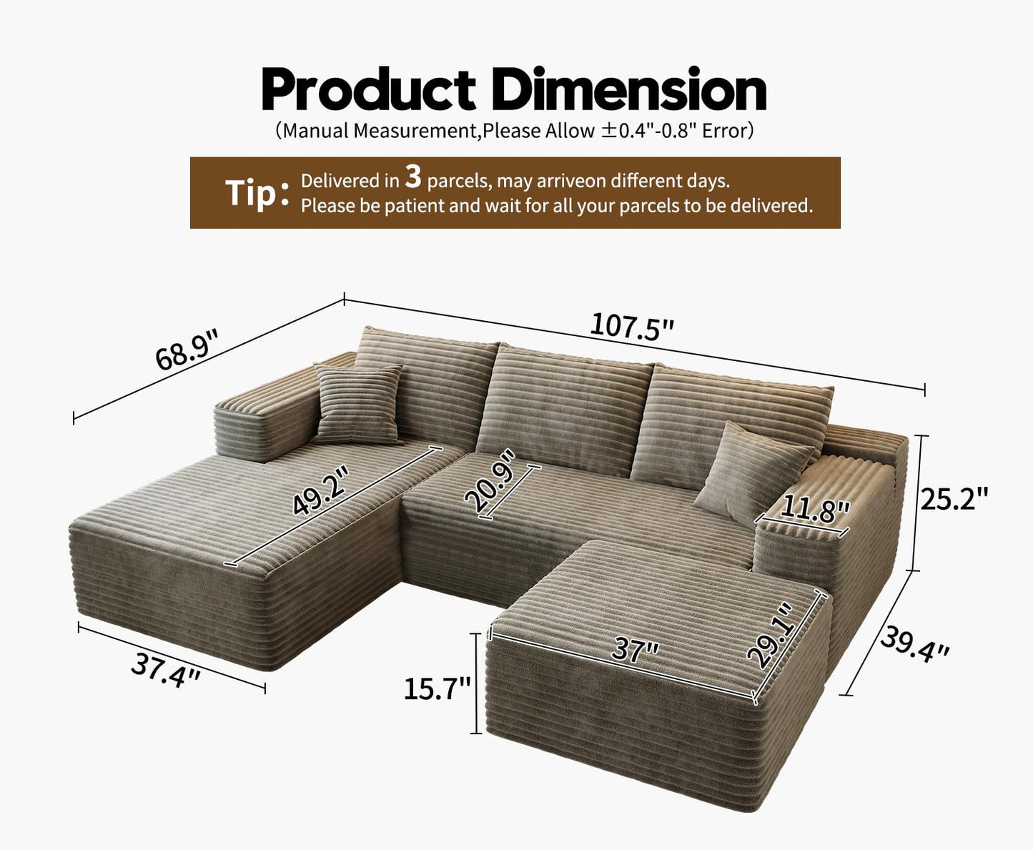 107.5" Cloud Modular Sectional Sofa Couch with L-Shape Chaise,Modern Minimalist Upholstered Couches for Living Room Bedroom,Deep Seat Corner Couch，No Assembly Required (Camel,Left Facing Chaise)