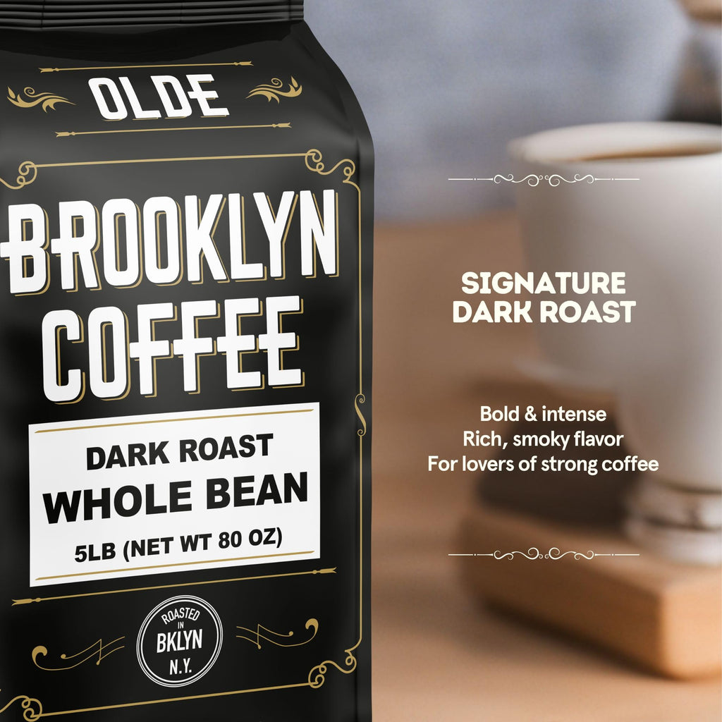 BROOKLYN COFFEE Whole Bean, Italian Dark Roast (5lb) Extra Strong, Delicious Taste, Heavenly Aroma - Fresh Bulk Coffee Beans Roasted Weekly in NYC