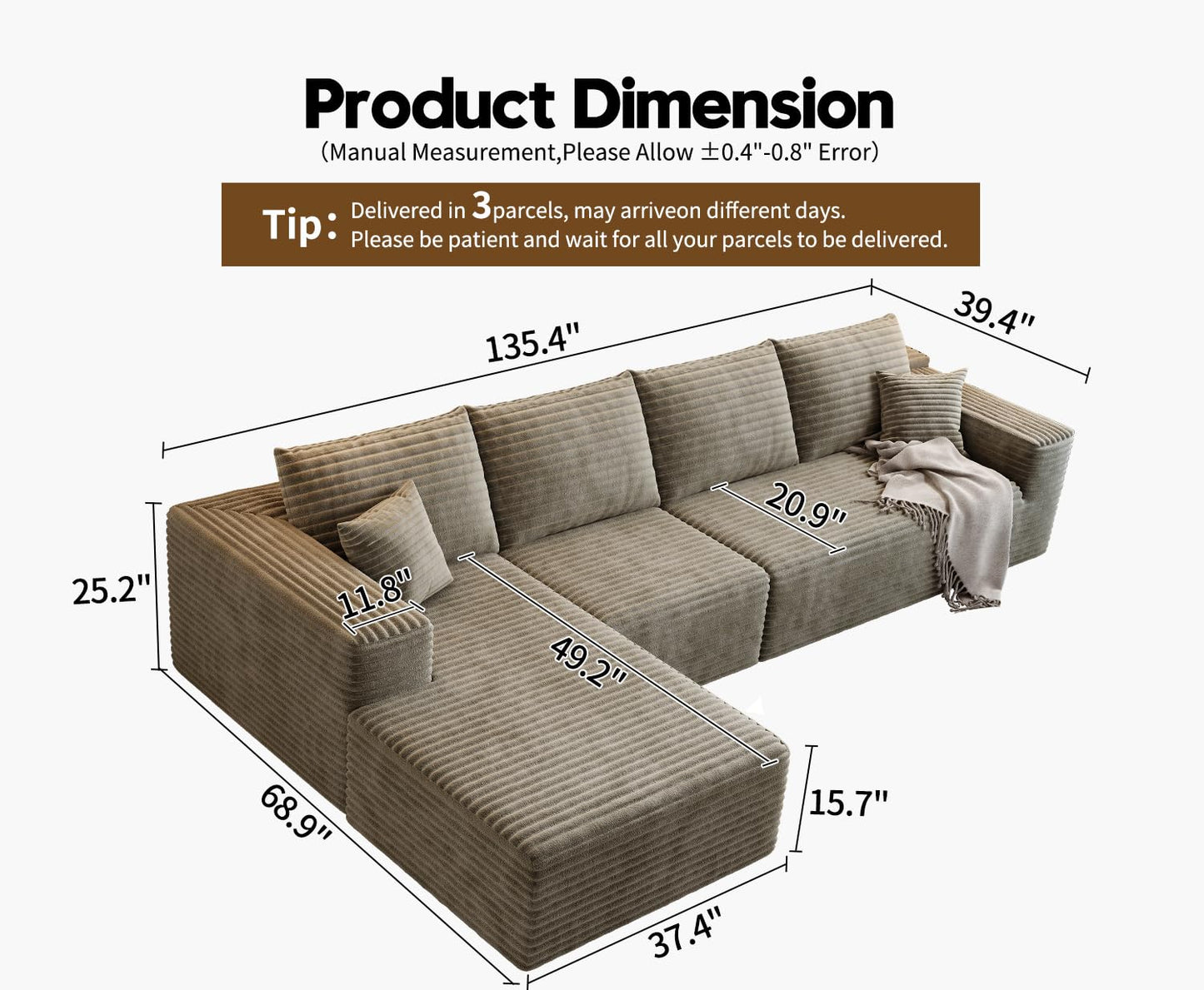 107.5" Cloud Modular Sectional Sofa Couch with L-Shape Chaise,Modern Minimalist Upholstered Couches for Living Room Bedroom,Deep Seat Corner Couch，No Assembly Required (Camel,Left Facing Chaise)