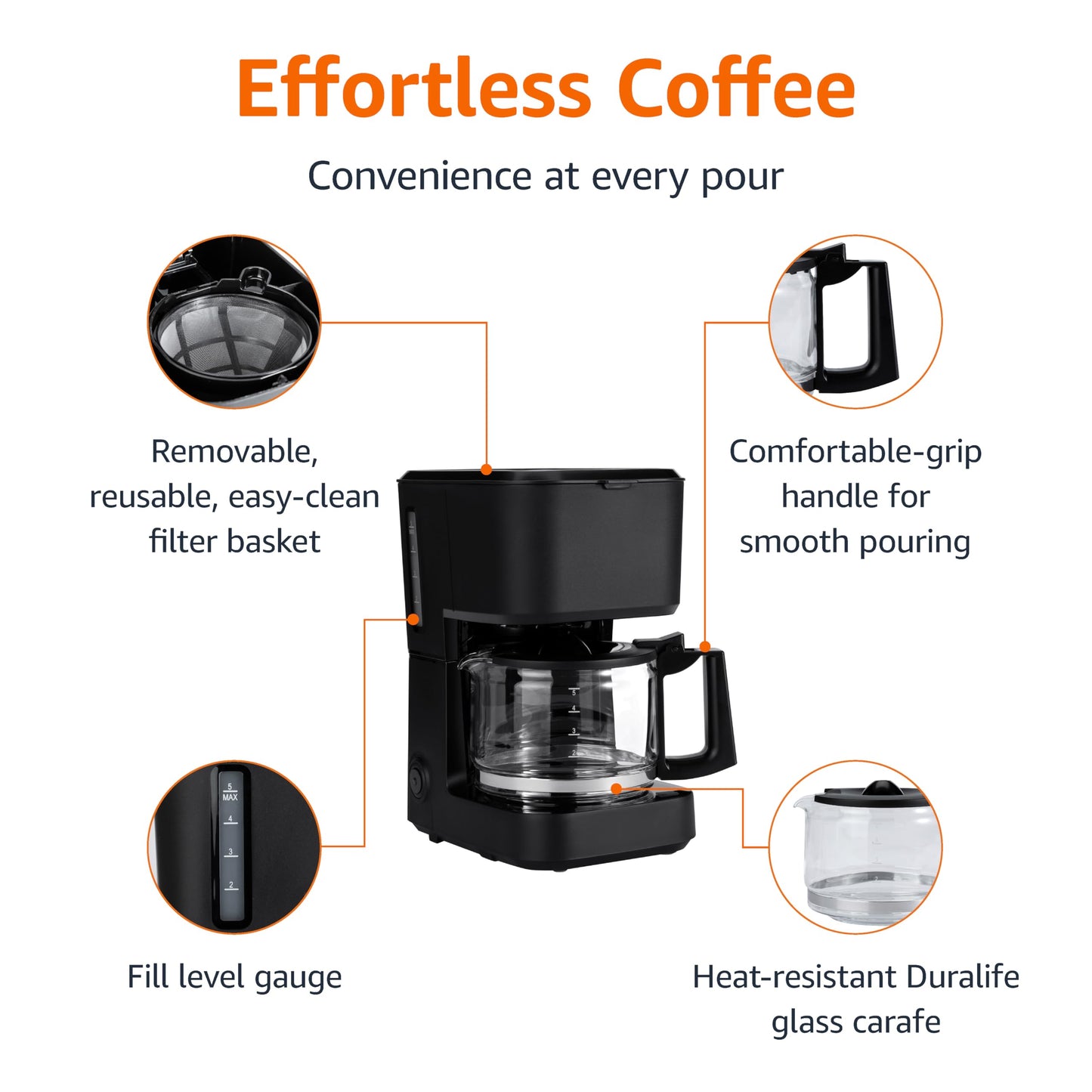 Amazon Basics 5 Cup Drip Coffee Maker, Coffee Machine with Glass Coffee Pot (0.8 Qt), Auto Shut-off, Auto Pause, Removable Filter Basket, Matte Black