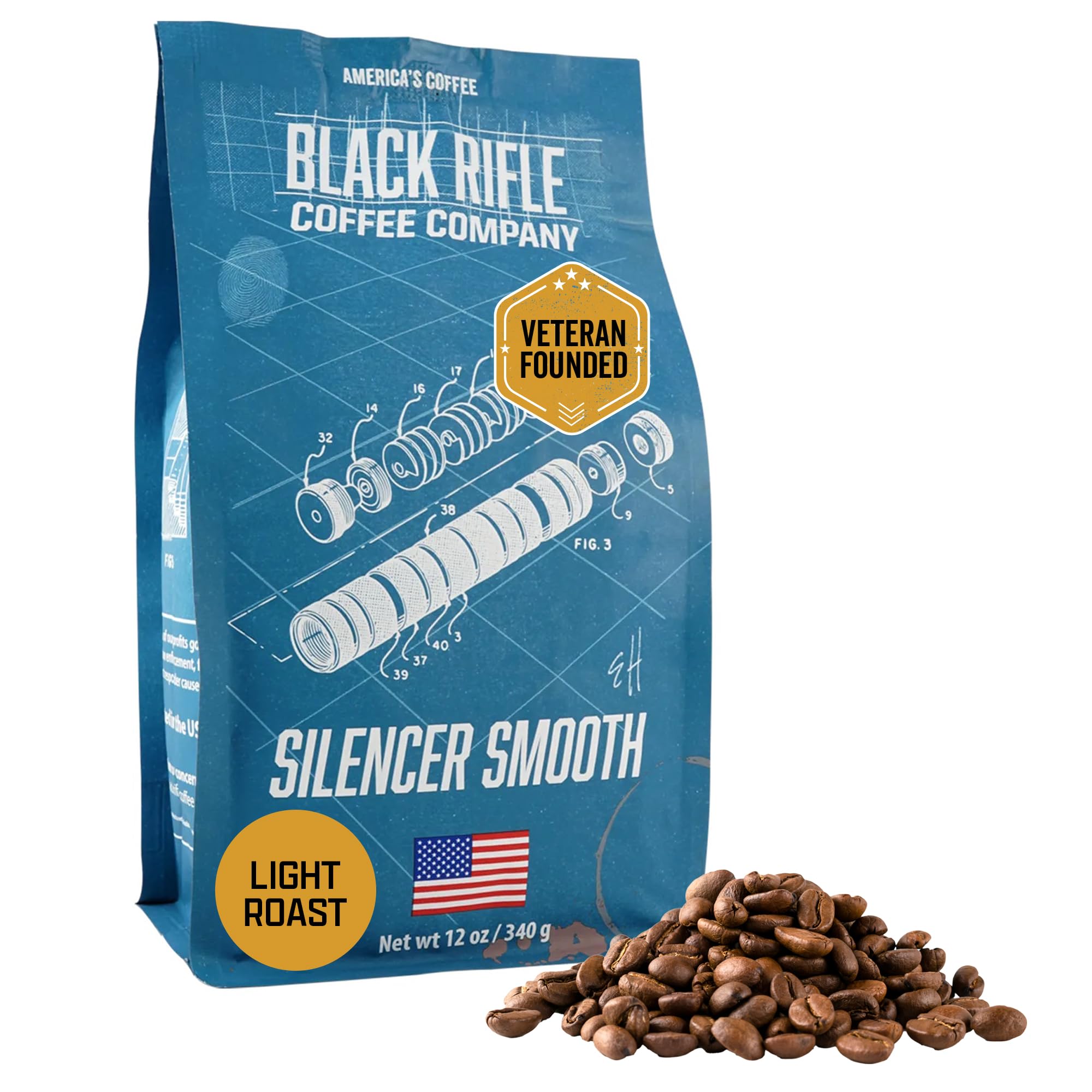 Black Rifle Coffee Company Silencer Smooth, 12oz Bag, Whole Bean Light Roast - Roasted Blend Made from Arabica Beans - Colombian & Brazilian Beans - Veteran Founded & American Made