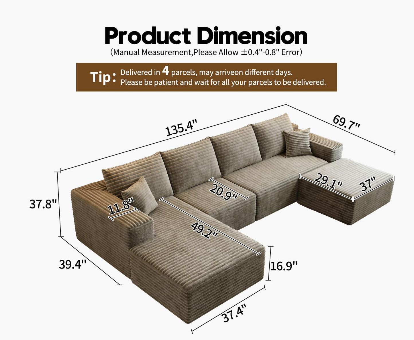 107.5" Cloud Modular Sectional Sofa Couch with L-Shape Chaise,Modern Minimalist Upholstered Couches for Living Room Bedroom,Deep Seat Corner Couch，No Assembly Required (Camel,Left Facing Chaise)