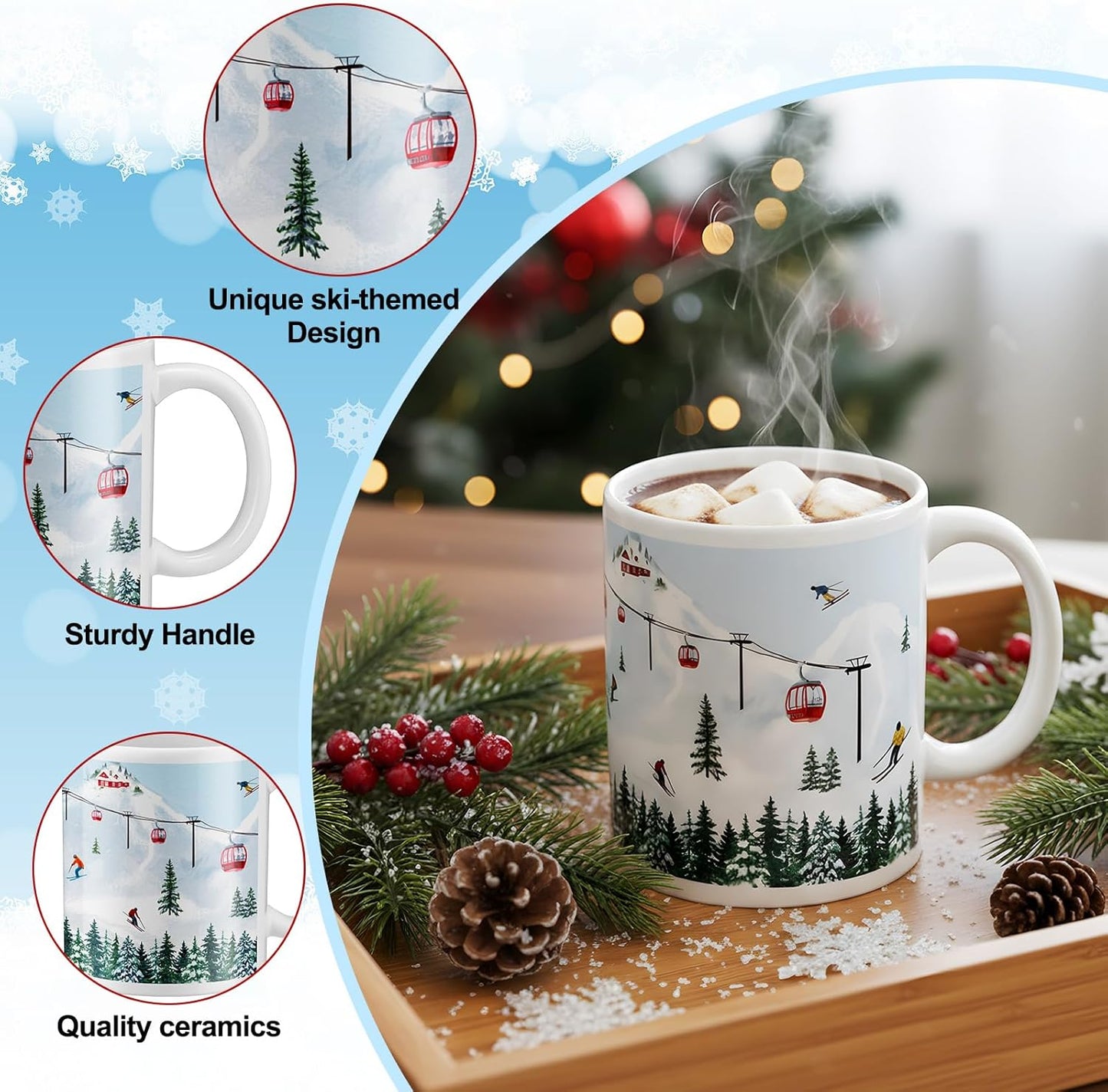 Vesici 4 Pack Ski Coffee Mugs Set 12 oz Ceramic Creative Coffee Mugs with Ski Skateboard Snow Mountain Cable Car Novelty Cup for Home Office Gifts for Skiers Family Friends and Co-workers