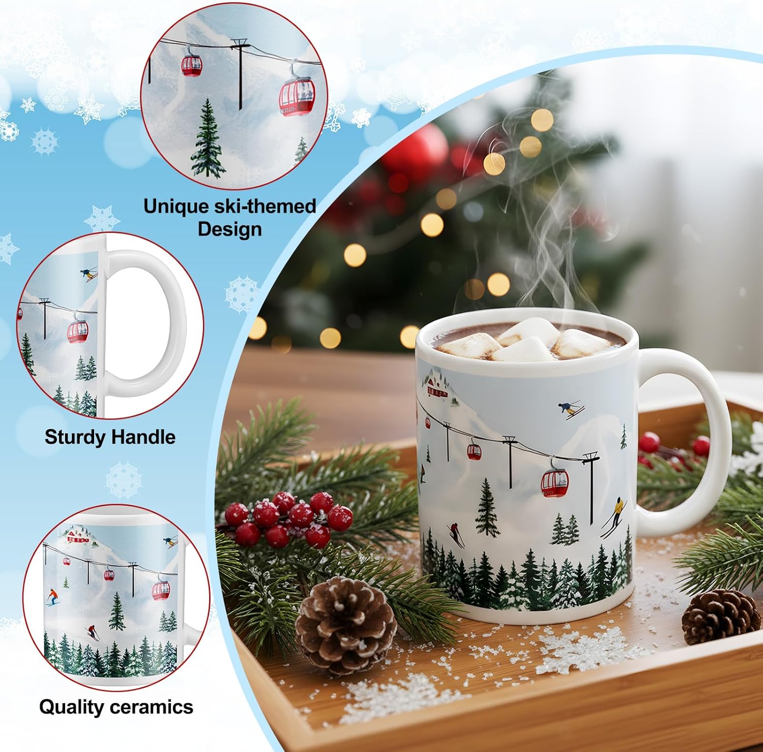Vesici 4 Pack Ski Coffee Mugs Set 12 oz Ceramic Creative Coffee Mugs with Ski Skateboard Snow Mountain Cable Car Novelty Cup for Home Office Gifts for Skiers Family Friends and Co-workers