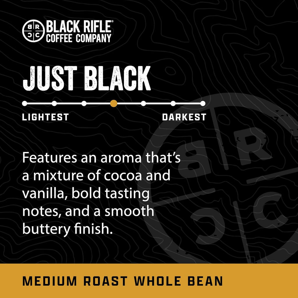 Black Rifle Coffee Company Just Black, 12oz Bag, Whole Bean Medium Roast - Roasted Blend Made from Arabica Beans - Colombian & Brazilian Beans - Veteran Founded & American Made