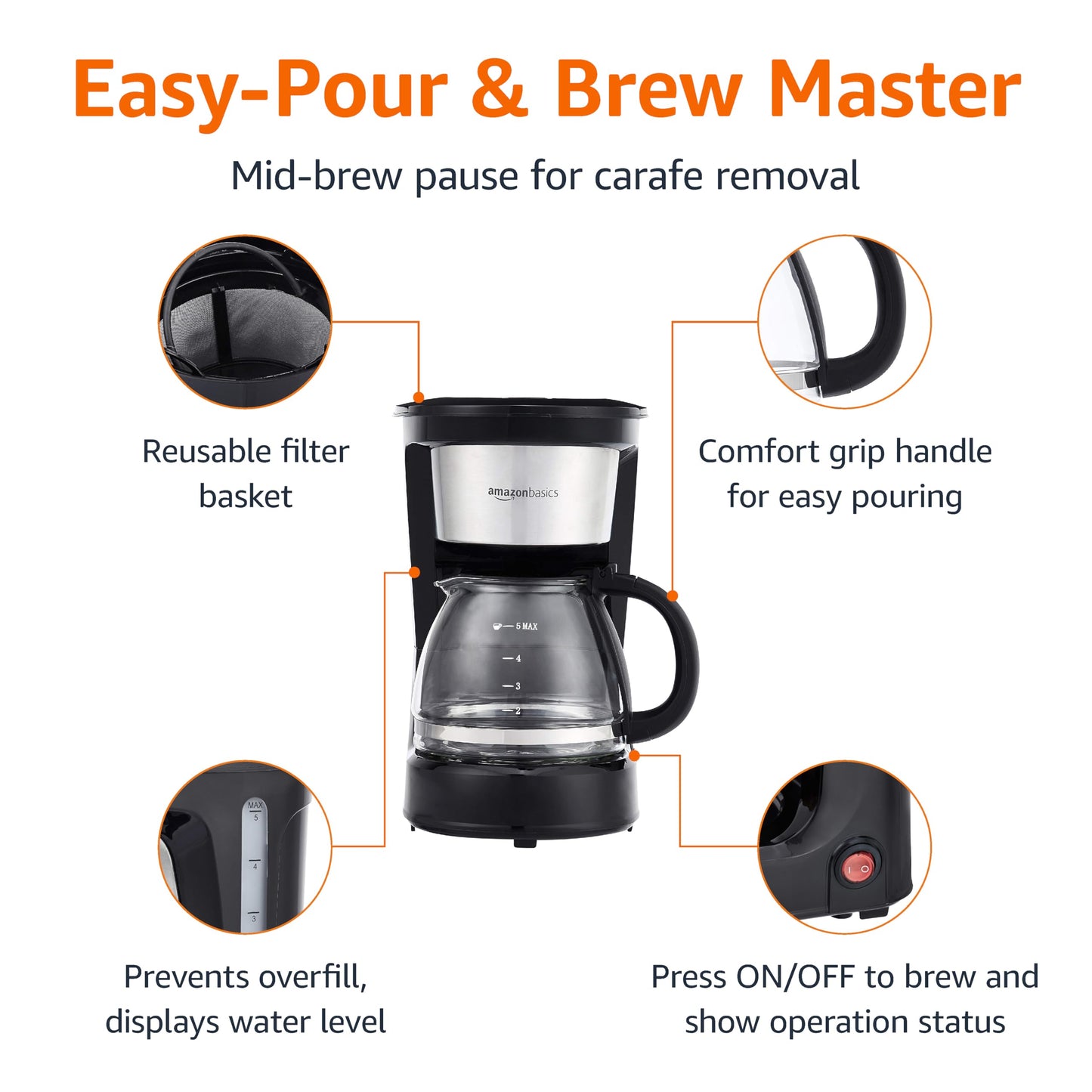 Amazon Basics 5 Cup Drip Coffee Maker, Coffee Machine with Glass Coffee Pot (0.8 Qt), Auto Shut-off, Auto Pause, Removable Filter Basket, Matte Black