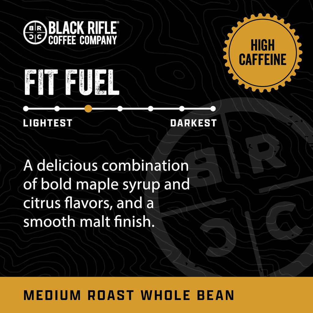 Black Rifle Coffee Company Fit Fuel, 12oz Bag, Whole Bean Medium Roast - Roasted Blend Made from Arabica Beans - Colombian & Brazilian Beans - Veteran Founded & American Made