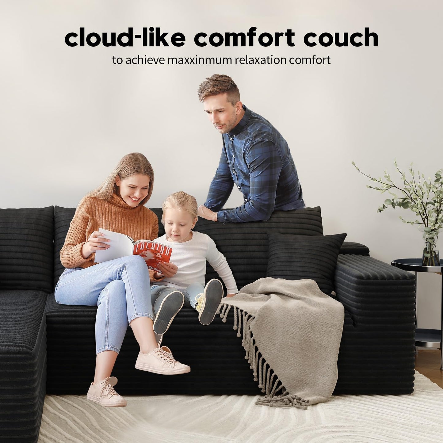 107.5" Cloud Modular Sectional Sofa Couch with L-Shape Chaise,Modern Minimalist Upholstered Couches for Living Room Bedroom,Deep Seat Corner Couch，No Assembly Required (Camel,Left Facing Chaise)