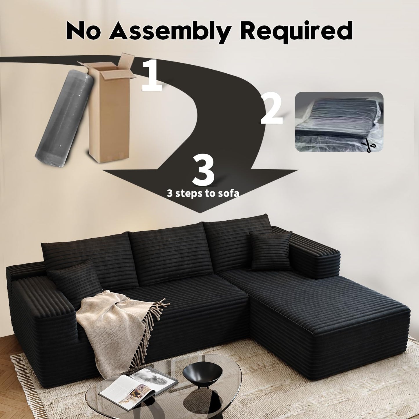 107.5" Cloud Modular Sectional Sofa Couch with L-Shape Chaise,Modern Minimalist Upholstered Couches for Living Room Bedroom,Deep Seat Corner Couch，No Assembly Required (Camel,Left Facing Chaise)